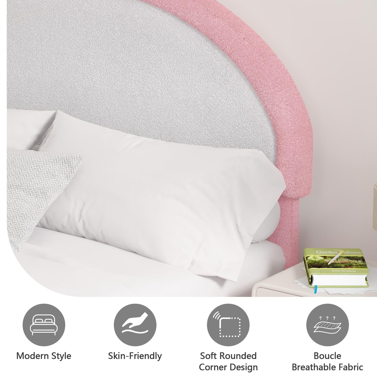 REVOMINCA Twin Boucle Bed Frame, Boucle Upholstered Platform Bed Twin Size with Headboard, Pink Bed Frame for Girls Kids, Low Profile Bed, Rounded Corners, No Box Spring Needed, Pink and White