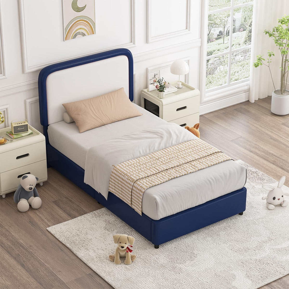 Twin Bed Frame with Headboard, Bed Frame Twin Size with Wood Slats Support, No Box Spring Needed, Easy Assembly, Blue