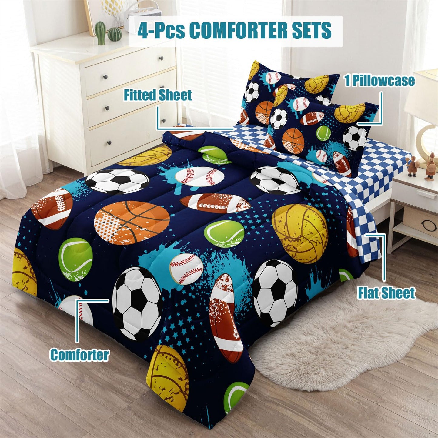 Leaflin Kids Boys Comforter Set Twin Bed in a Bag w/Sheet Sets, Blue Twin Bedding Sets for Teens Soccer Basketball Baseball Football Sports Themed Bedroom Decor Reversible Design