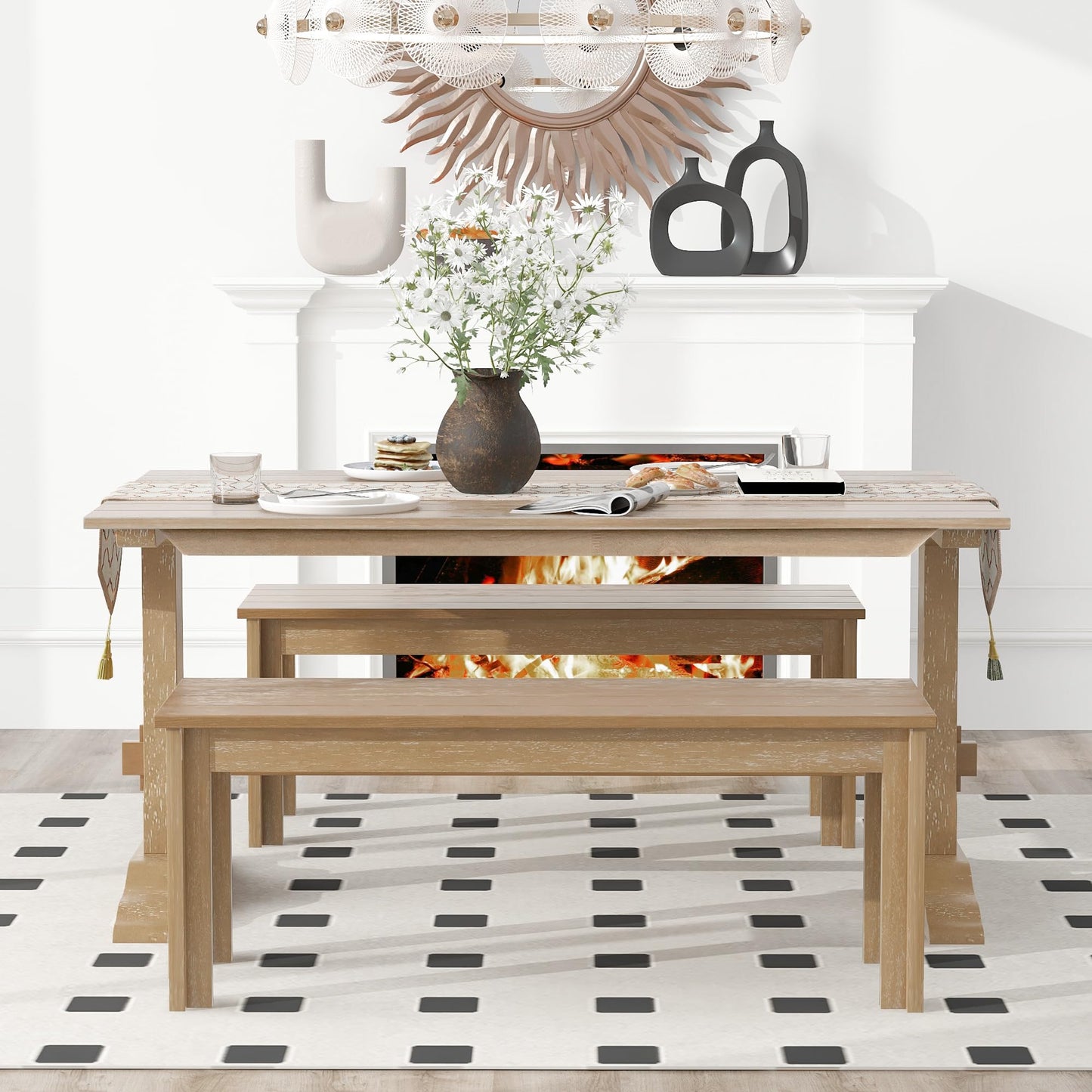 Harper & Bright Designs 3 Pieces Dining Table Set with Bench, Retro Rectangular Trestle Table and 2 Wood Benches for 4 People for Dining Room and Kitchen (Natural Wood)