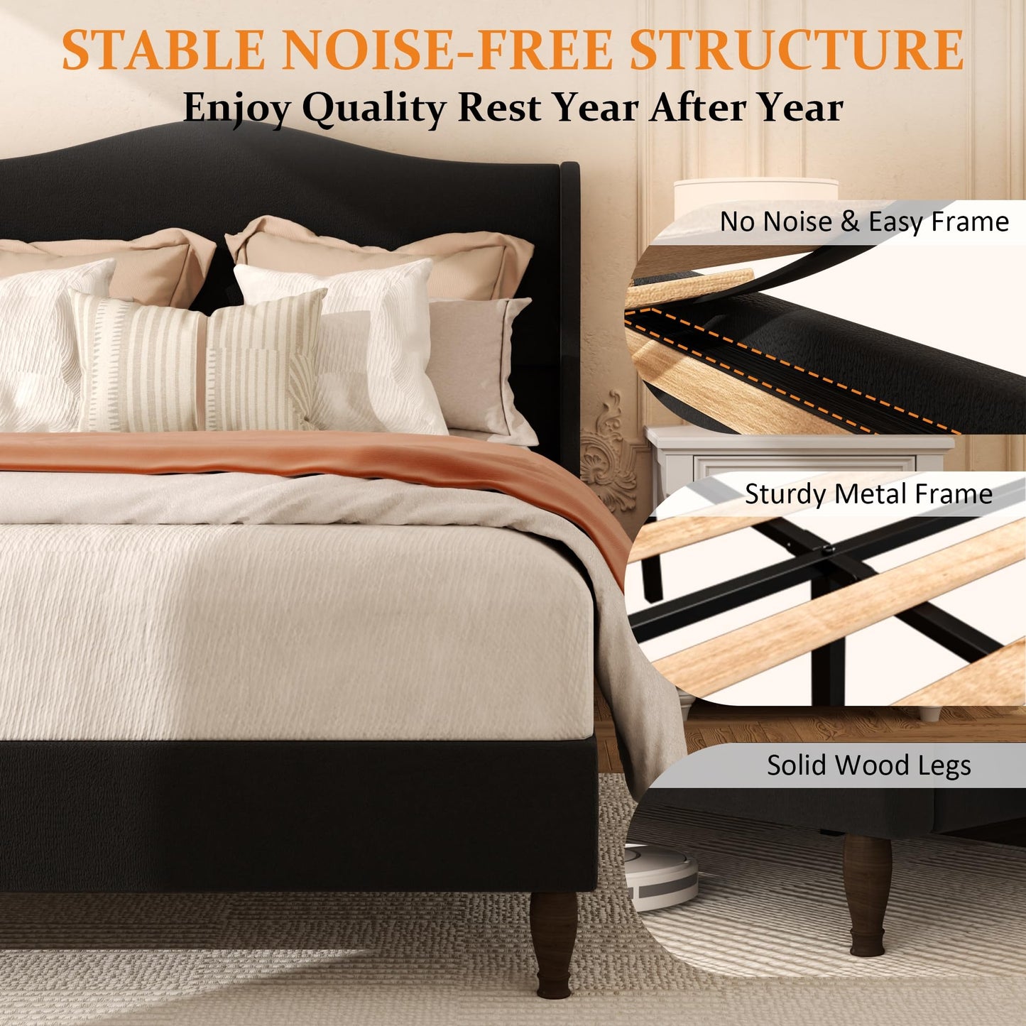 Konprosp King Size Bed Frame with 51" Tall Headboard, Chenille Upholstered Platform Bed Frames with Classic Curved Wingback & Retro Wood Legs, No Box Spring Needed, Noise Free, Easy Assembly, Black