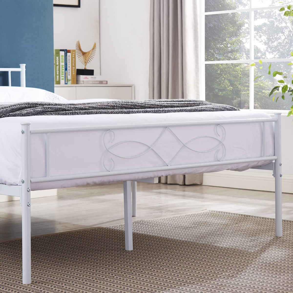 VECELO 14" Twin Size White Metal Platform Bed Frame with Headboard,Premium Steel Slat Support/No Box Spring Needed/Noise-Free/Easy Assembly