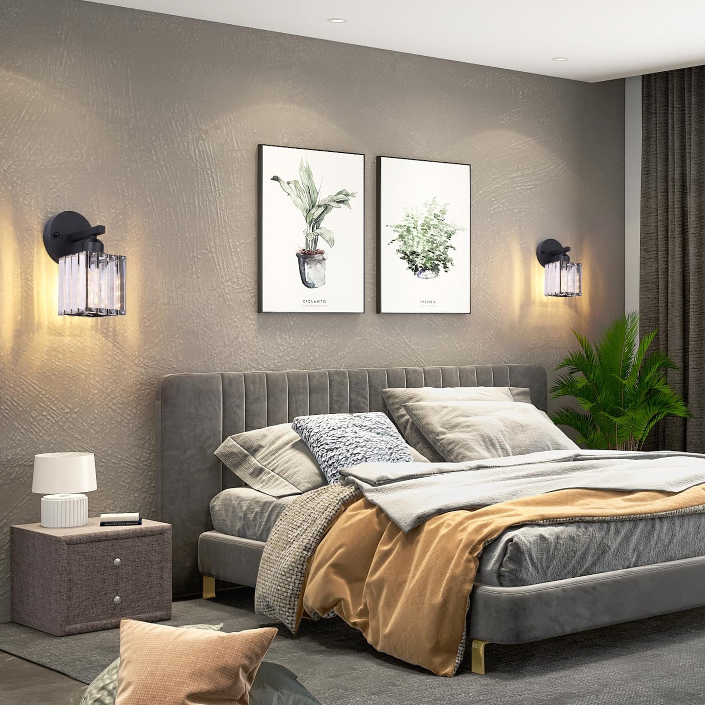ZAUKNYA Battery Operated Wall Sconces Set of 2, Rechargeable Wireless Sconces with Remote Dimmable 12 Colors Crystal Battery Wall Sconce Set of Two for Bedroom Living Room Hallway (Black)