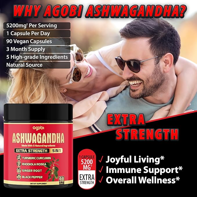 Ashwagandha Capsule 5in1-90 Vegan Capsules Blended with Ginger, Turmeric, Rhodiola Rosea & Black Pepper