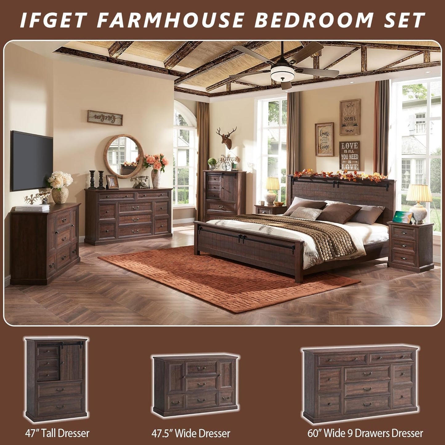 IFGET Farmhouse 5 Drawers Dresser for Bedroom, Wood Rustic Storage Organizer Closet Chest, Chest of Drawers w/Groove Barn Door&Shelf for Closet, Hallway, Living Room, Dining Room-Brown