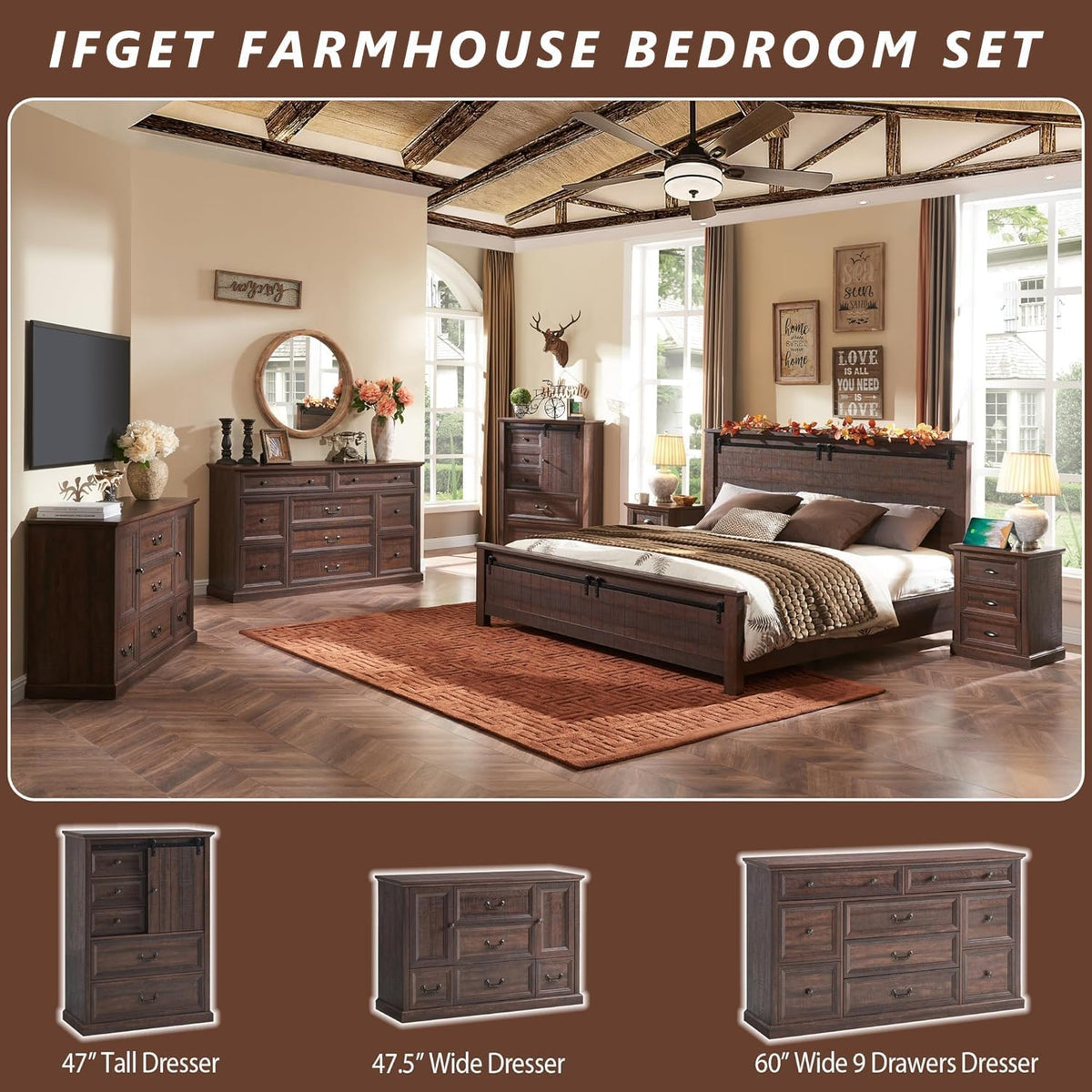 IFGET Farmhouse 9 Drawers Dresser for Bedroom, 60" Wide Wood Rustic Chest of Drawers, Large Storage Dressers Organizer for Bedroom, Living Room, Hallway, Dining Room-Brown