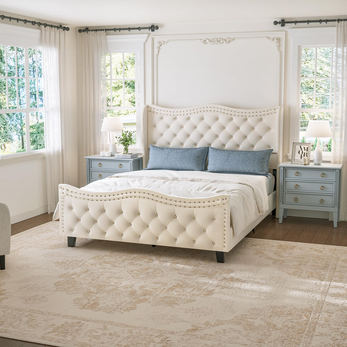 RIHHA Cream Queen Size Upholstered Platform Bed Frame with 50'' Tall Velvet Tufted Curved Wingback Headboard, Wooden Slats, Noise-Free, No Box Spring Needed, Easy Setup