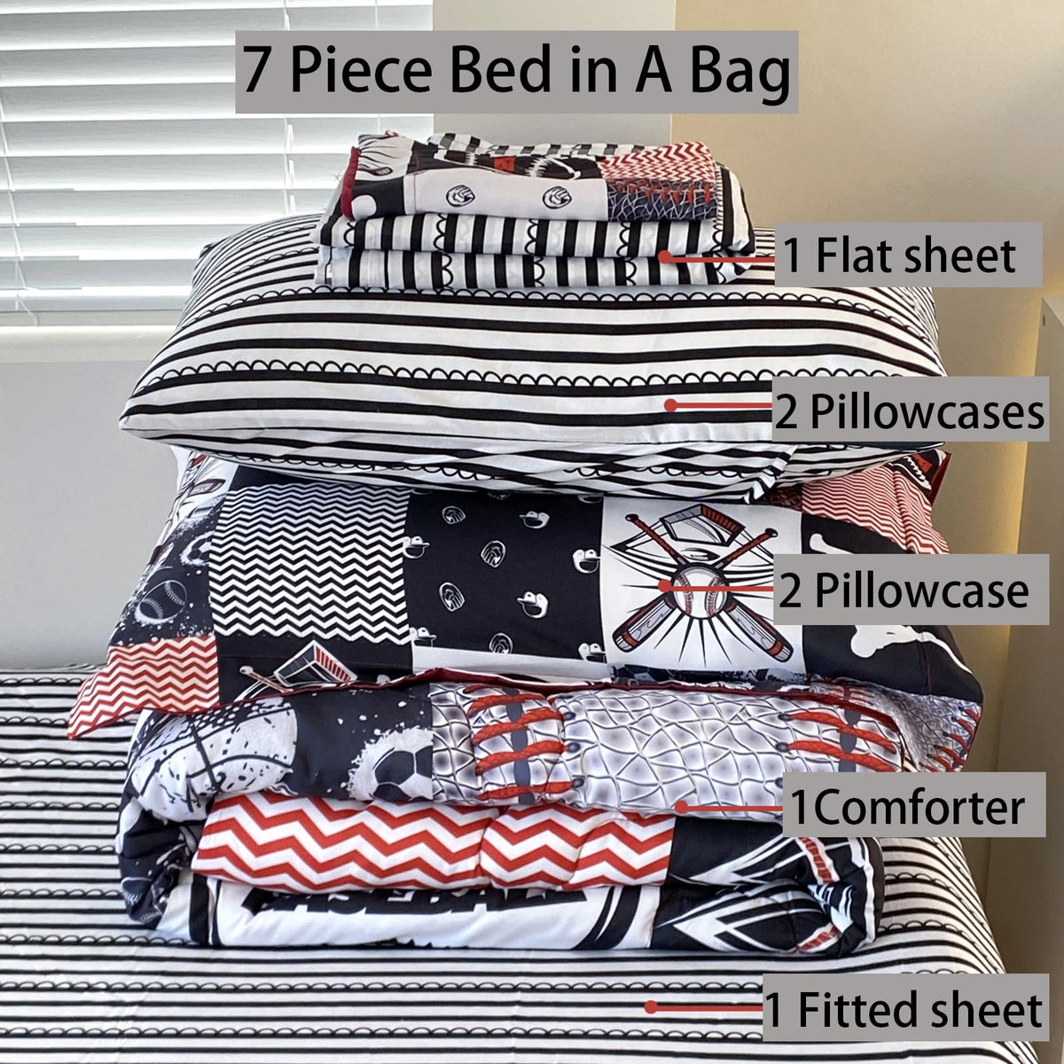 Gusuhome 7 Piece Baseball Comforter Set Bed in A Bag Twin Size 3D Softball Sports Bedding Set for Boys Kids Microfiber Comforter All Season (1 Comforter, 1 Flat Sheet, 1 Fitted Sheet, 4 Pillowcase)