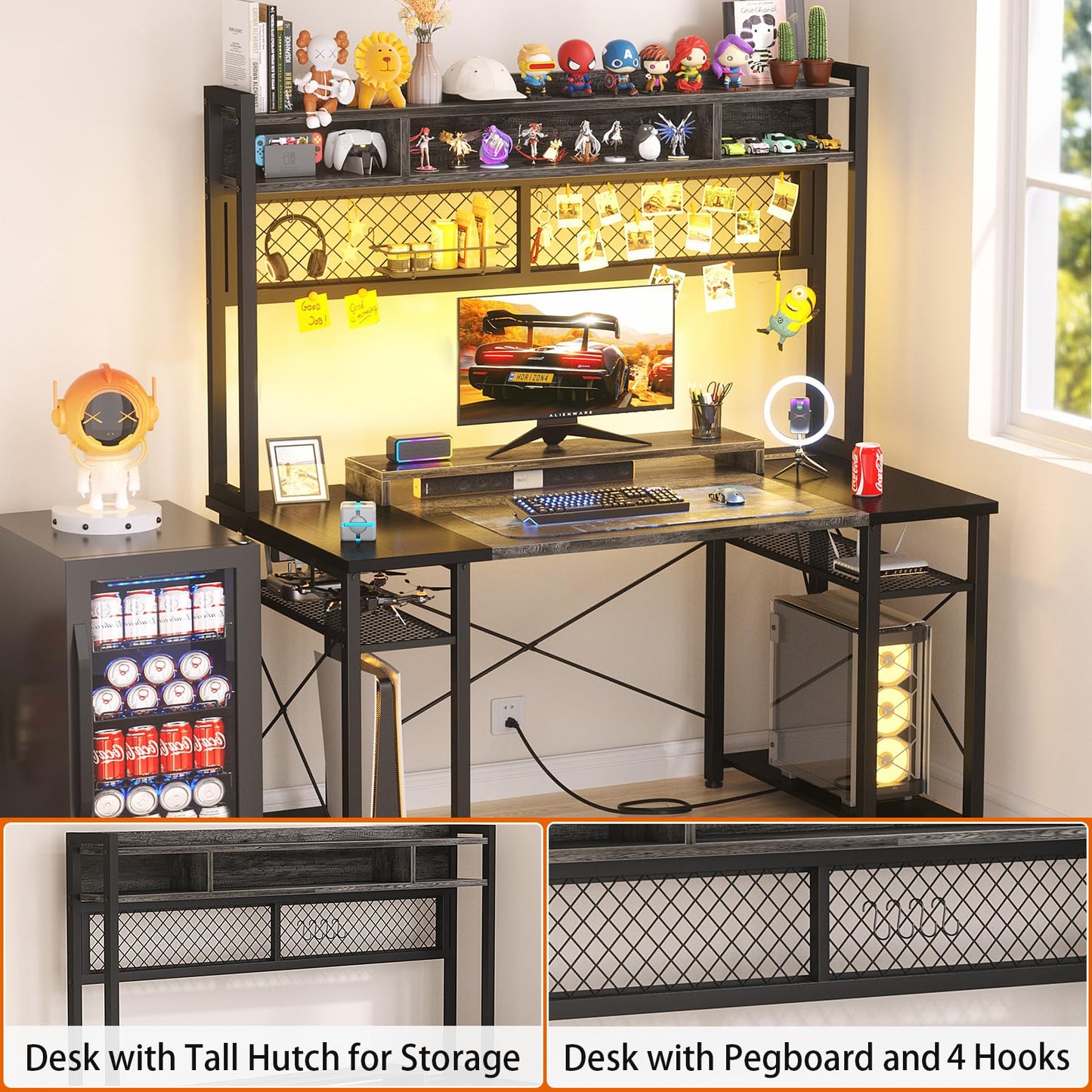 Armocity 2024 Upgrade Gaming Desk with Hutch, 48'' Magic Computer Desk with LED and Outlets, Reversible Workstation Desk with Pegboard, Grey/Black