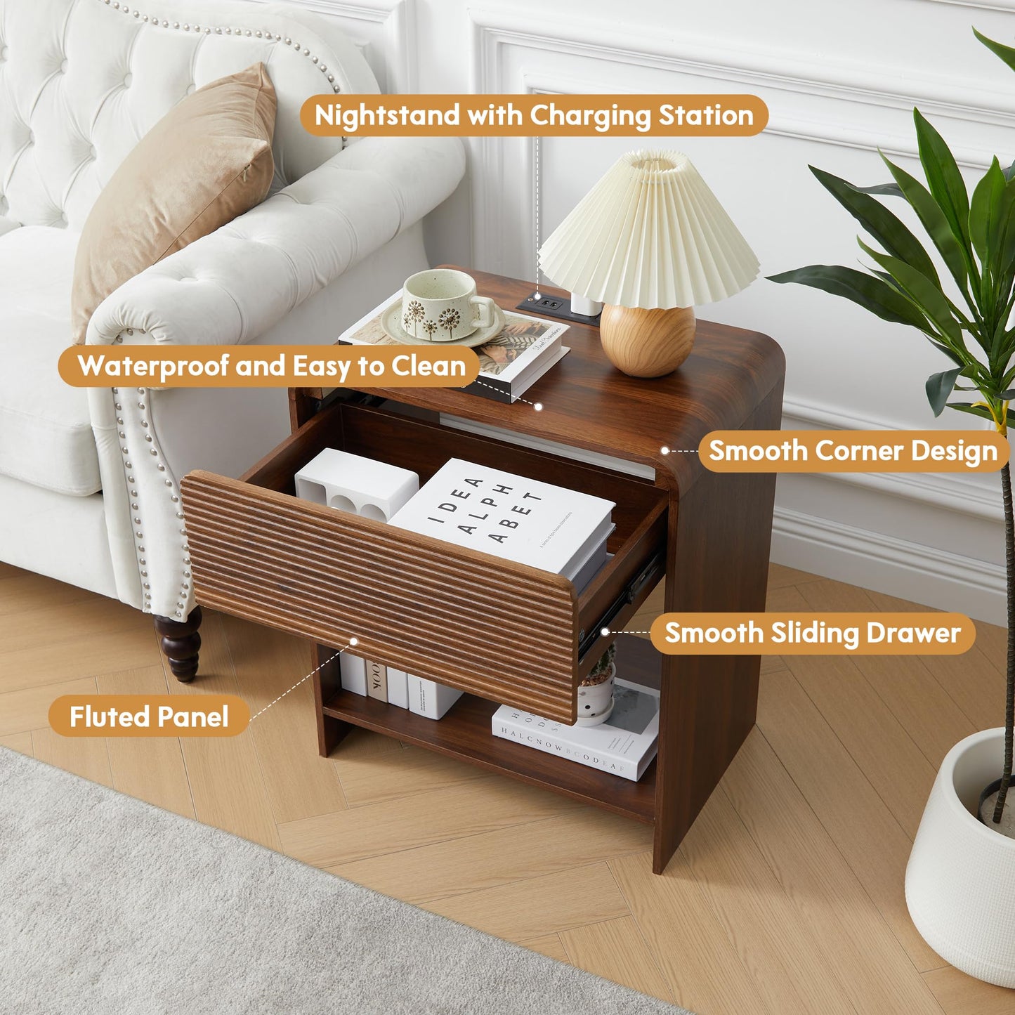 XUZENEST Fluted Nightstand Set of 2 with Charging Station, Modern Bed Side Table End Table with Drawer Storage, Large Wooden Night Stands Bedside for Bedroom Living Room Sofa Office, Walnut 2 Sets