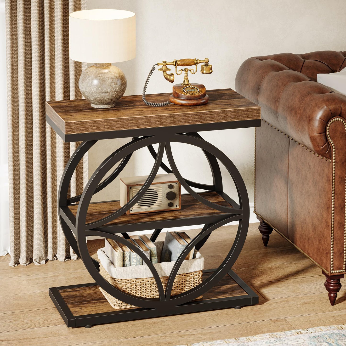 Tribesigns Side Table for Living Room, Narrow Small End Table with 3-Tier Storage, Wooden Industrial Bedside Nightstand with Metal Frame, Rustic Brown