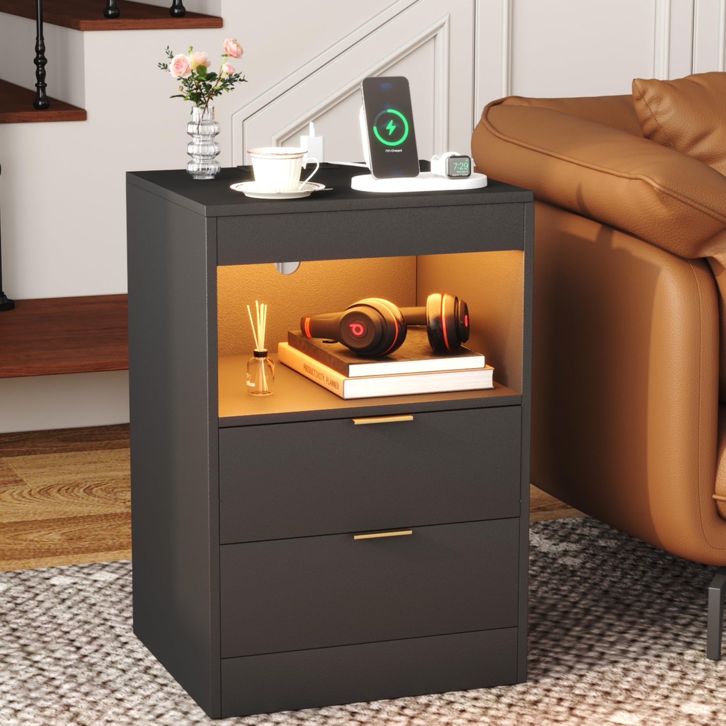 Yusong Night Stand with Gun Drawer & Invisible Lock, Bedside Table, LED Nightstand with Charging Station, Modern Night Stand, Wood Sofa Couch End Side Table with 2 Pull-Out Shelf, Black