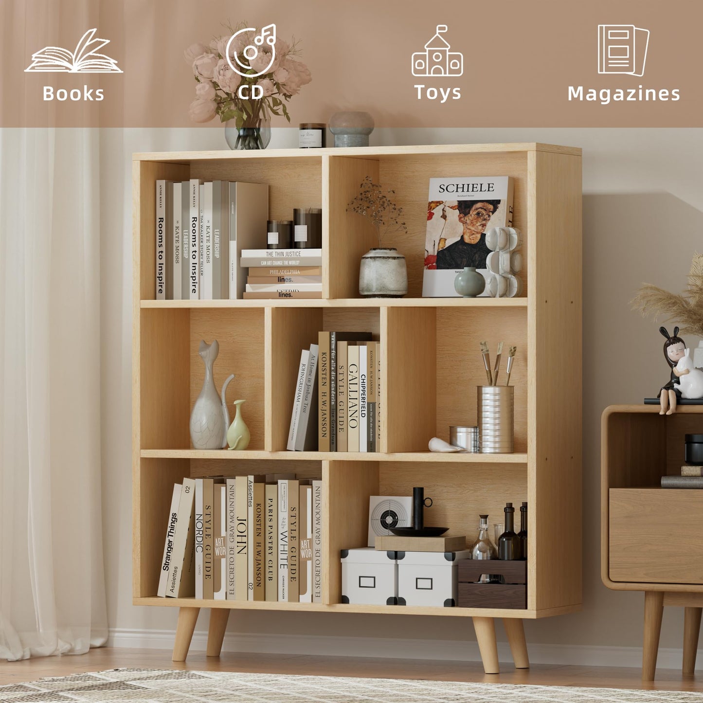 JAMFLY Bookshelf, 3 Tier Book Shelf with Legs, Modern Small Bookcase Storage Organizer Book Shelves for Bedroom, Living Room, Office, Natural