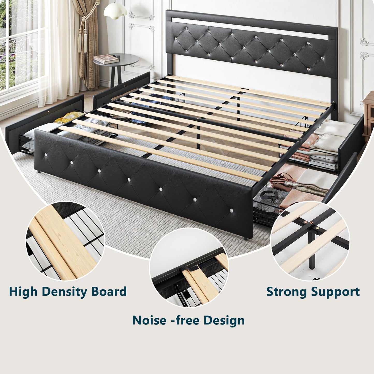 Forrise Bed Frame Queen Size with LED Light and Storage Drawers, Adjustable Headboard with PU Leather Upholstered, 2 Sockets and 2 USB Ports, No Box Spring Needed, Wooden Slats Support, Black