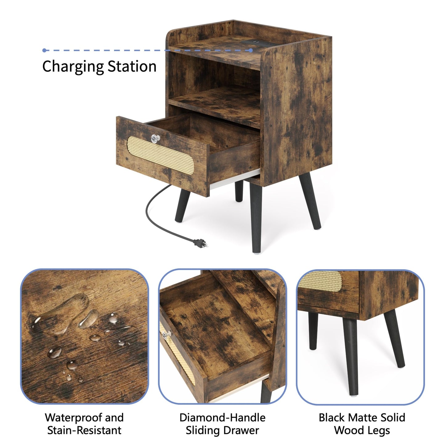 AGDULL End Table with Diamond Handle, Nightstand/Bedside Table with Charging Station, Rustic Brown