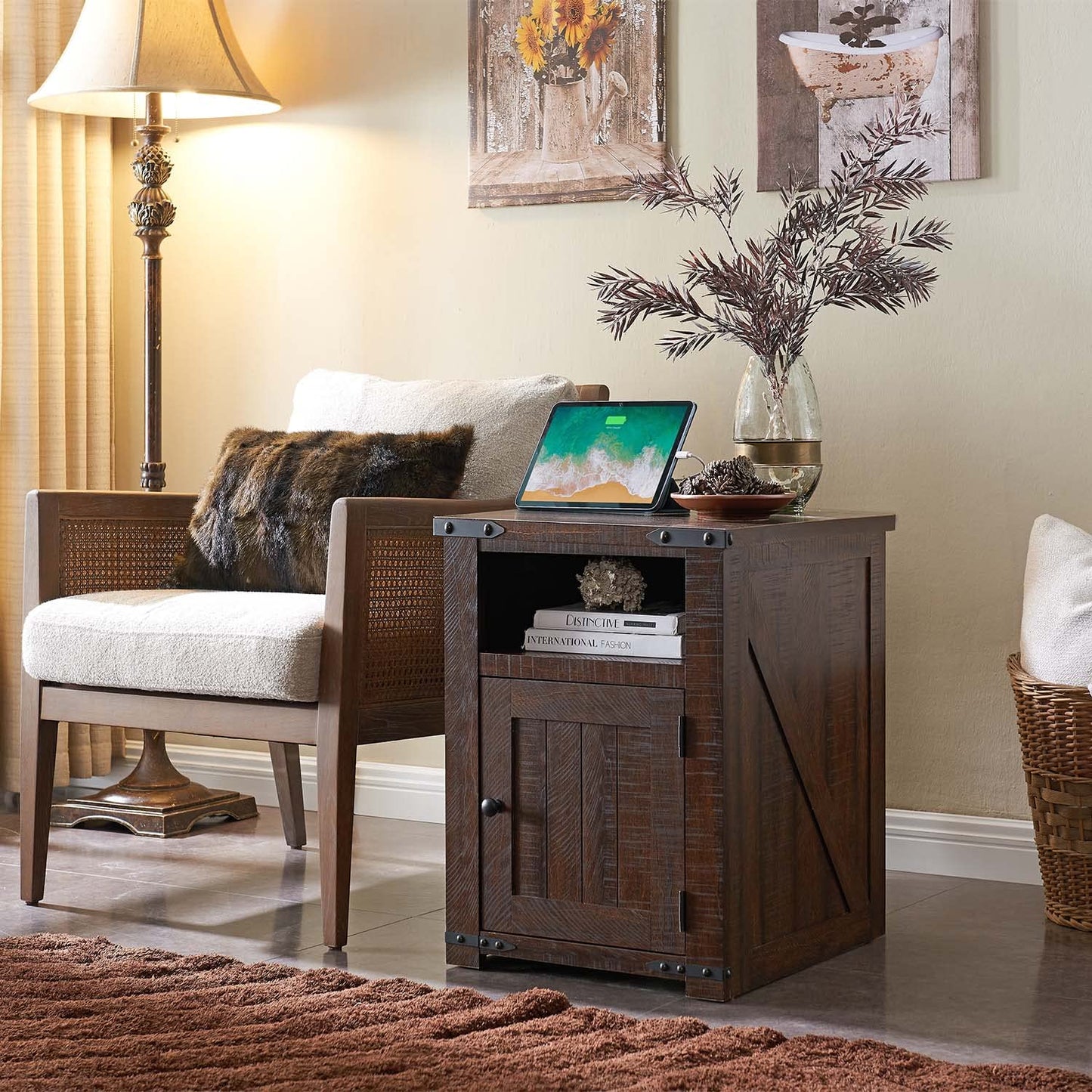 IFGET Nightstand with Charging Station, 20" Farmhouse End Table w/Groove Barn Door, Rustic Wood Sofa Side Bedside Table w/Open & Adjustable Shlef for Bedroom, Living Room, Brown