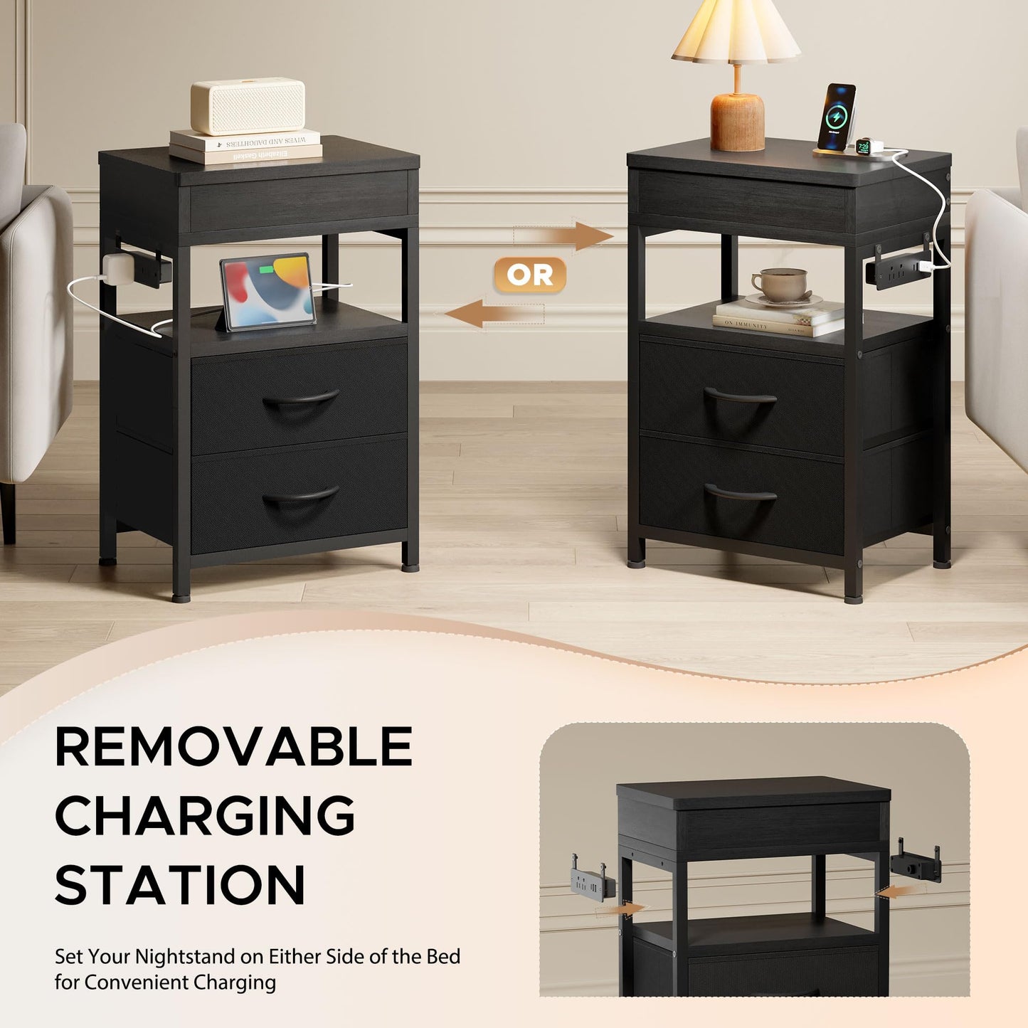 Lazzanto Nightstand Hidden Drawer Charging Table - Night Stand with Charger Station and Sliding Top Storage, Morden Bedside Table with 2 Fabric Drawers, for Dorm Living Room Bedroom, Black