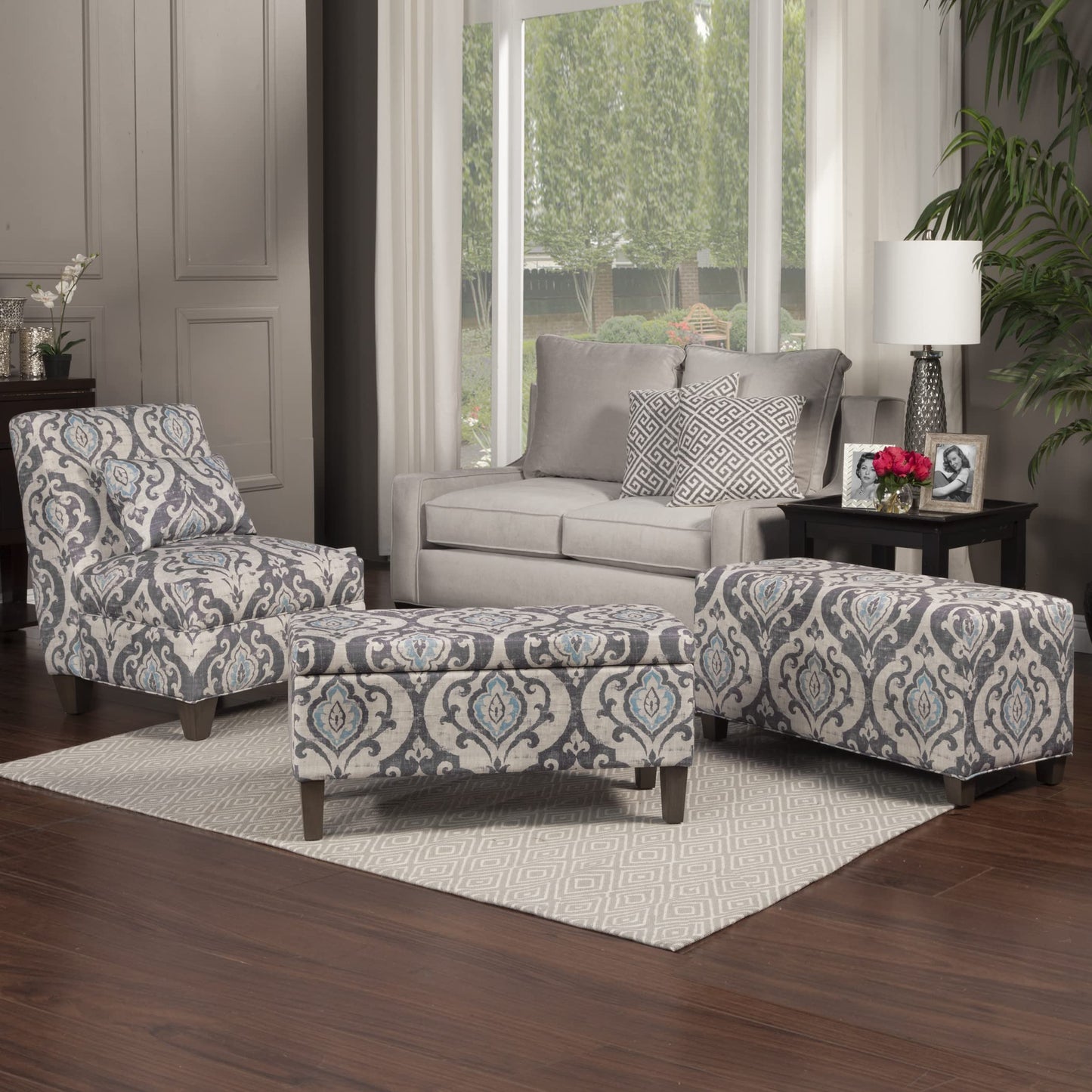 HomePop Large Upholstered Rectangular Storage Ottoman Bench with Hinged Lid, Slate Damask