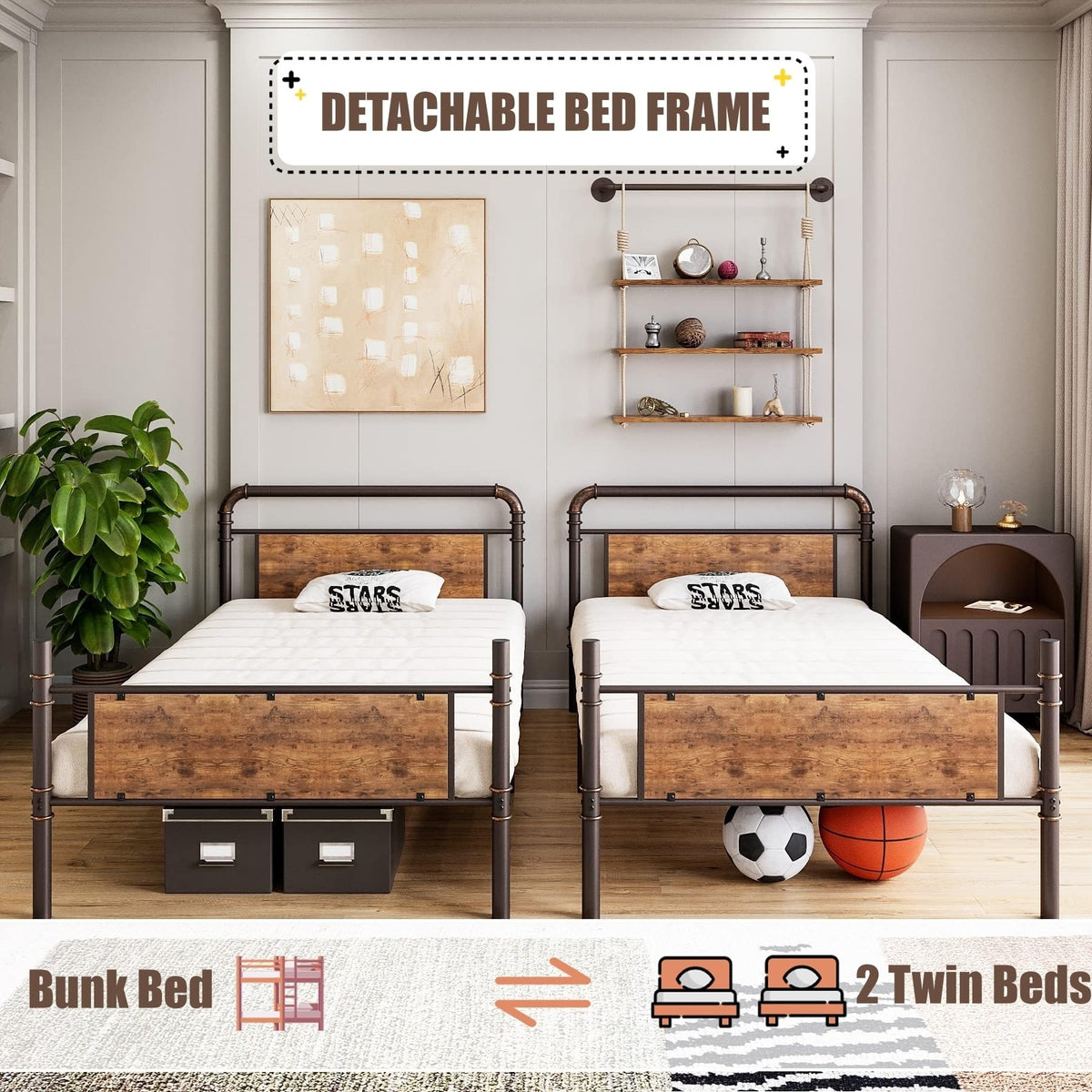 GAOMON Bunk Bed Twin Over Twin,Metal Bunkbeds with Ladders & 16.6" Safety Guardrail,Twin Bunk Beds for Kids,Adults and Small Spaces,No Box Spring Needed,Brown