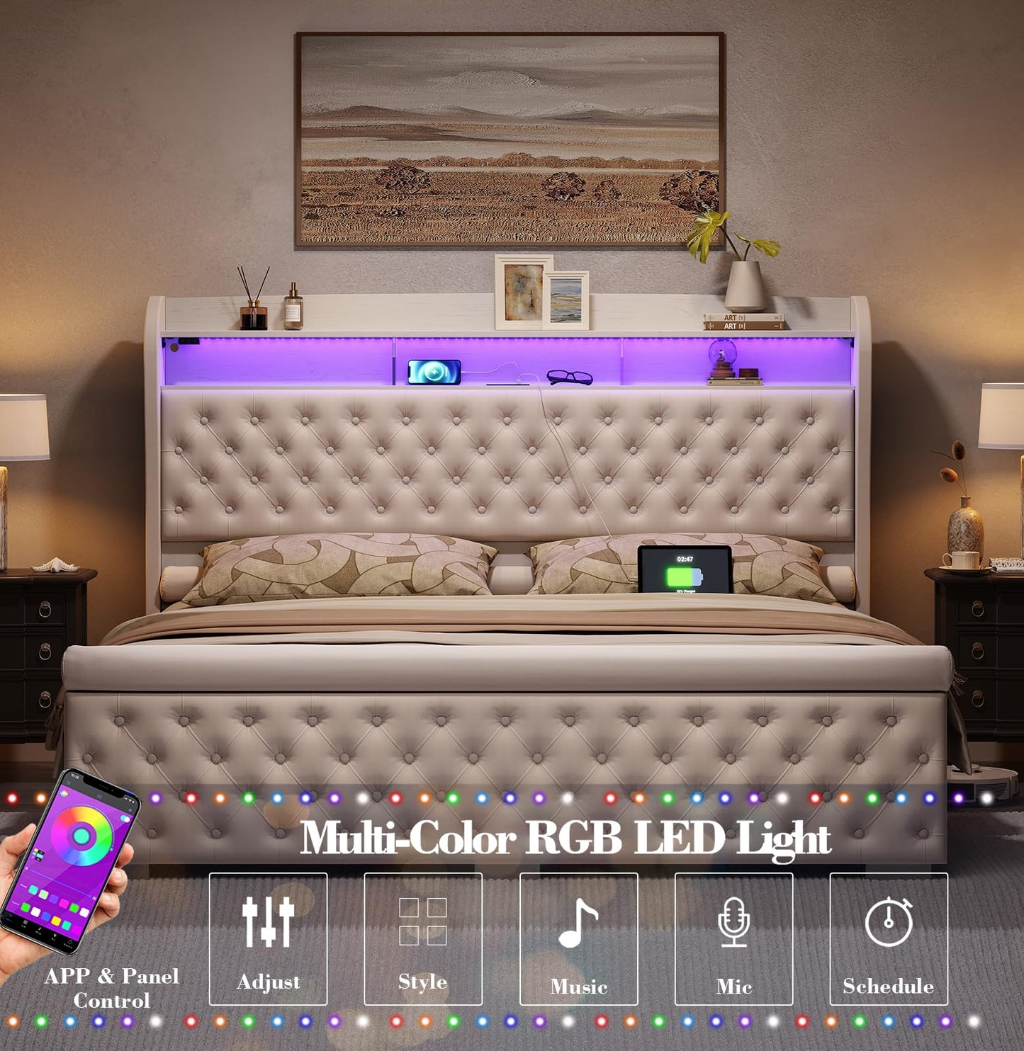 ROCHECASA Queen Bed Frame with Bookcase Storage and Charging Station, 50.6" Tall Velvet Upholstered Sleigh Bed with LED Light, No Box Spring Needed, Easy Assemble, Cream