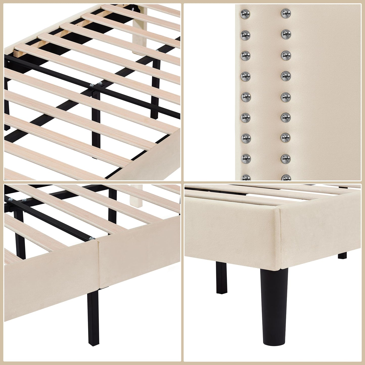 VECELO Twin Size Platform Bed Frame with Adjustable Upholstered Headboard, Nailhead Decor, Strong Wood Slat Support, No Box Spring Needed, Easy Assembly