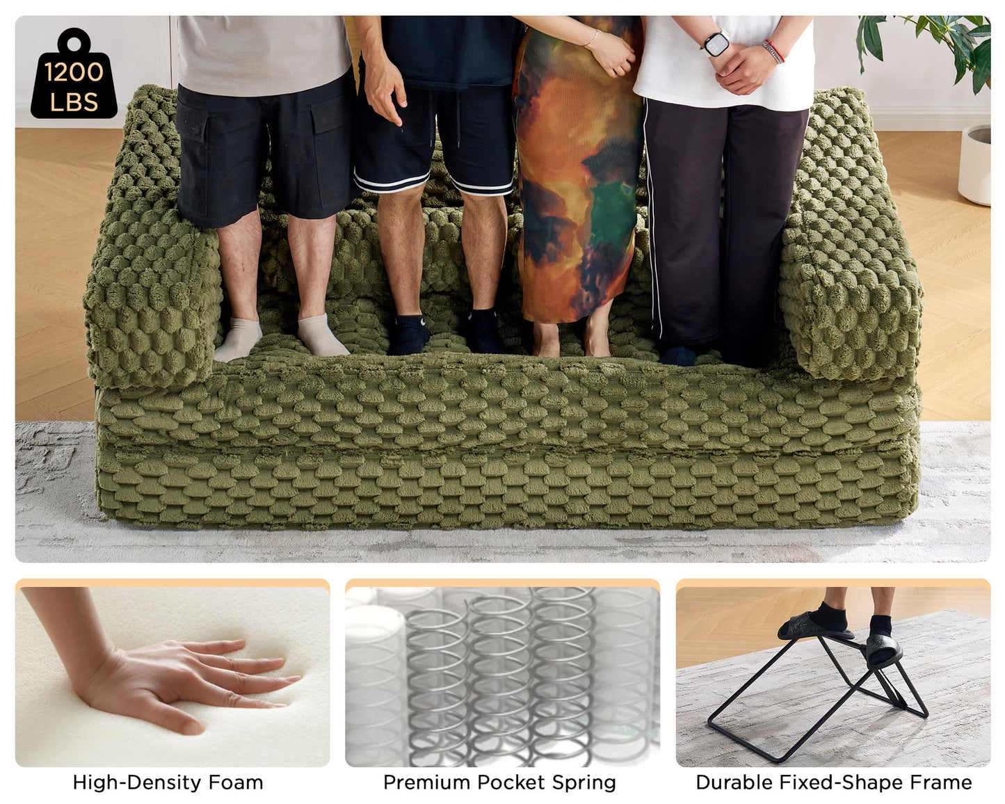 VanAcc Foldable Sofa Bed, Convertible Floor Sofa with Plush Faux Fur, No Assembly Mattress Couch for Living Room, Apartment, Bedroom, Green