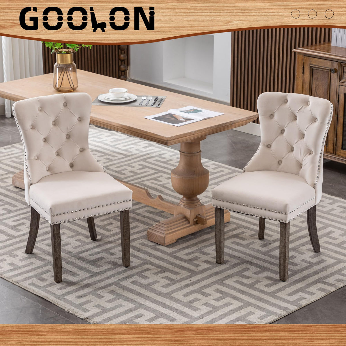 GOOLON Dining Room Chairs Set of 2, Velvet Button Tufted Dining Chairs with Rivet Trim Metal Pull Ring Wood Legs for Kitchen Restaurant Dining Room, Beige