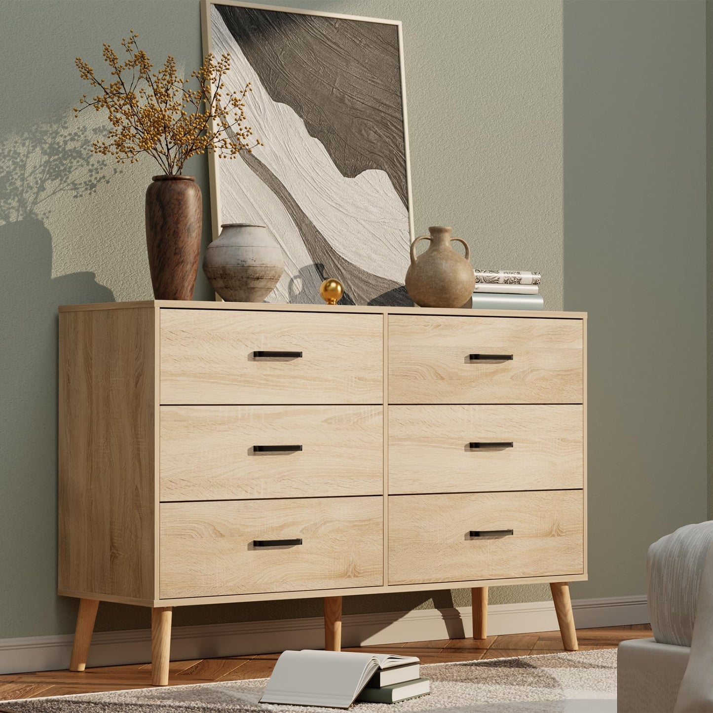 Bigbiglife Wood Dresser for Bedroom, 6 Drawer Dresser with Metal Handles, Mid Century Modern Dresser Double Chest of Drawer (Light Oak)