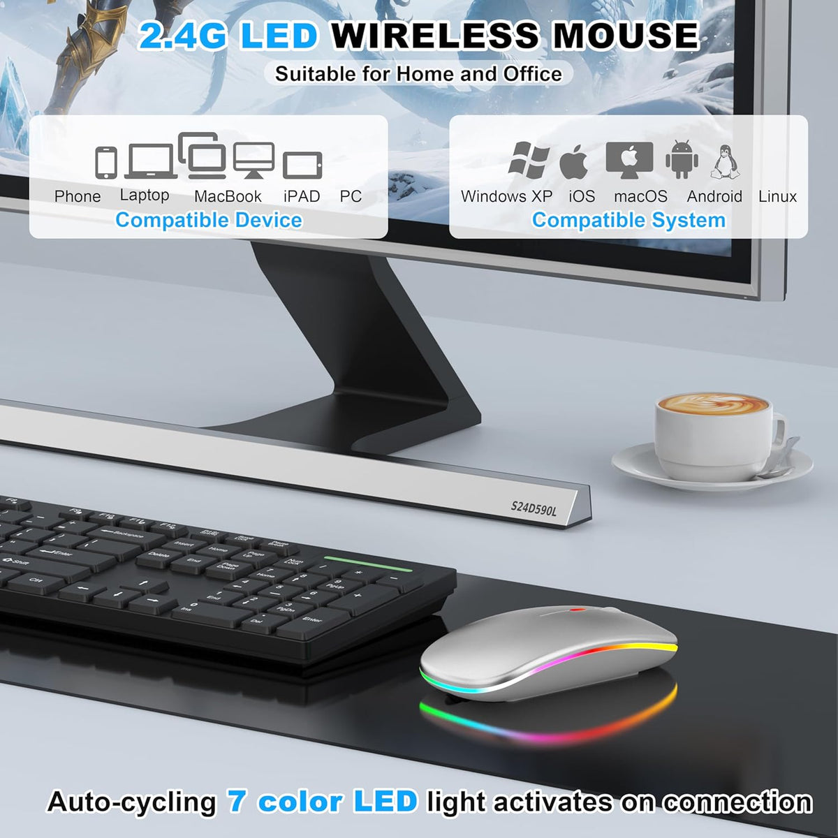 LED Bluetooth Wireless Mouse for MacBook Air Mac Pro Laptop iPad–Silver