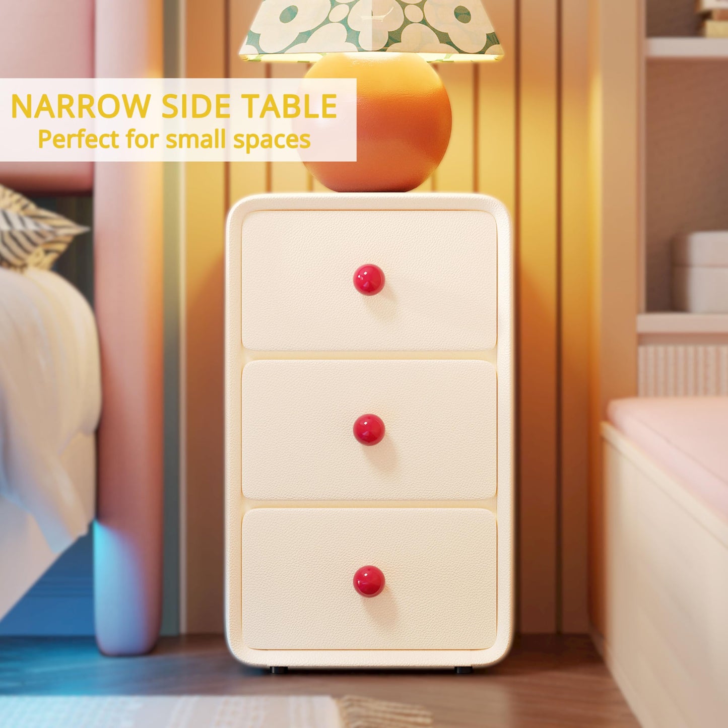 LIKIMIO Modern Leather Nightstand, Narrow Beside Table with 3 Drawers and Silent Slides, Cream Style Small Side Table for Bedroom