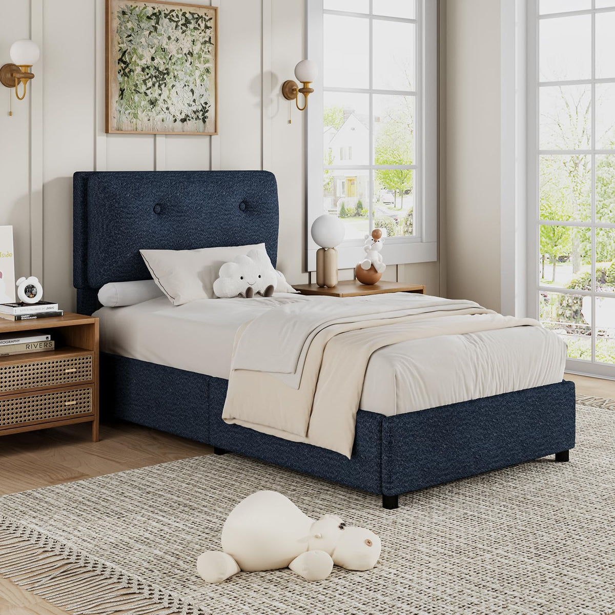 CHABUILDREARK Blue Twin Bed Frame, Upholstered Boucle Platform Bed with Headboard, Cloud Bed Frames with Soft Headboard, Wooden Slats Support, No Box Spring Needed, Easy Assembly, Navy Blue