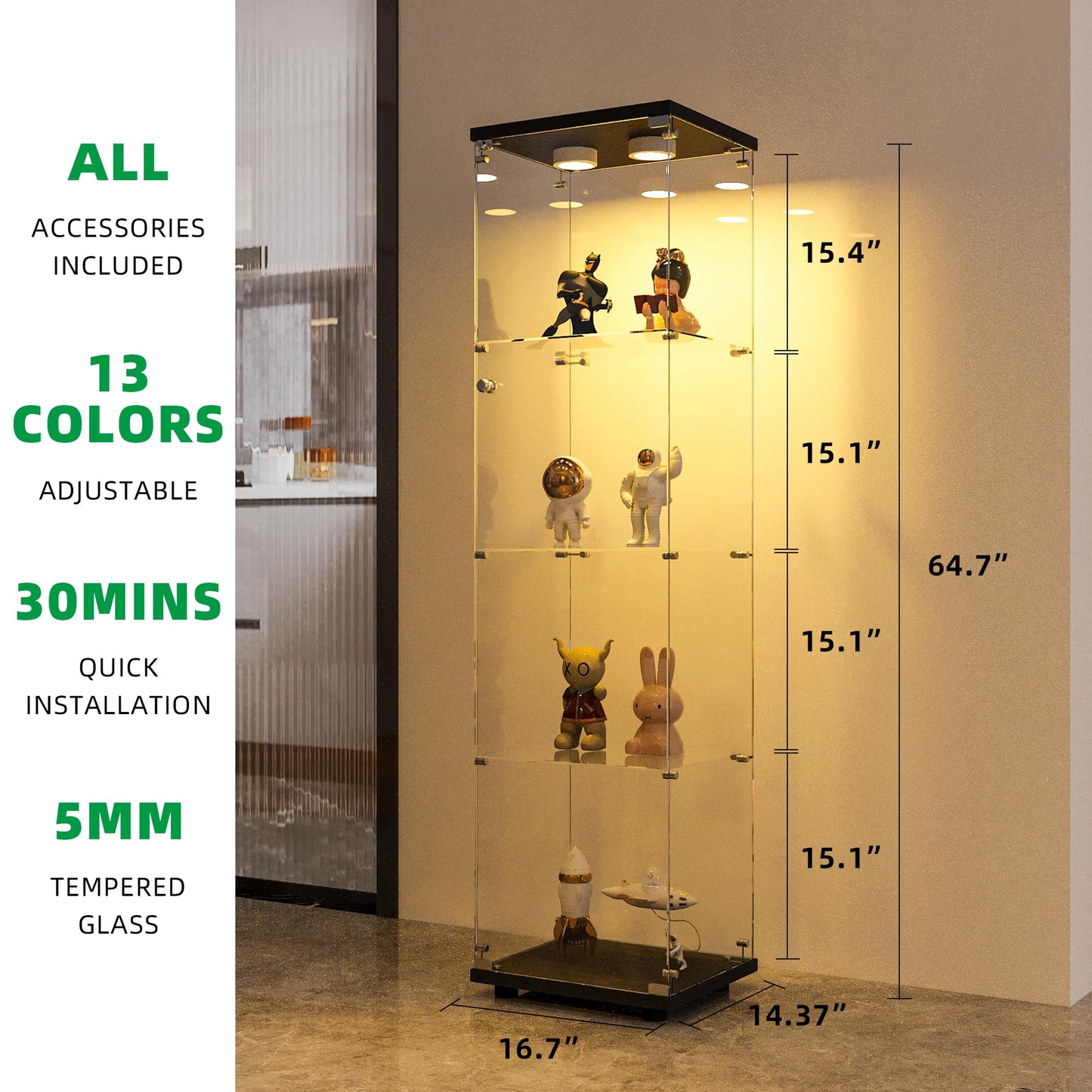 FANYUSHOW Display Cabinet with Glass Door and LED Light, 4-Tier Tempered Glass Display Shelf, Glass Curio Cabinet Collection Display Case, Black 64.7" H x 16.7" L x 14" W