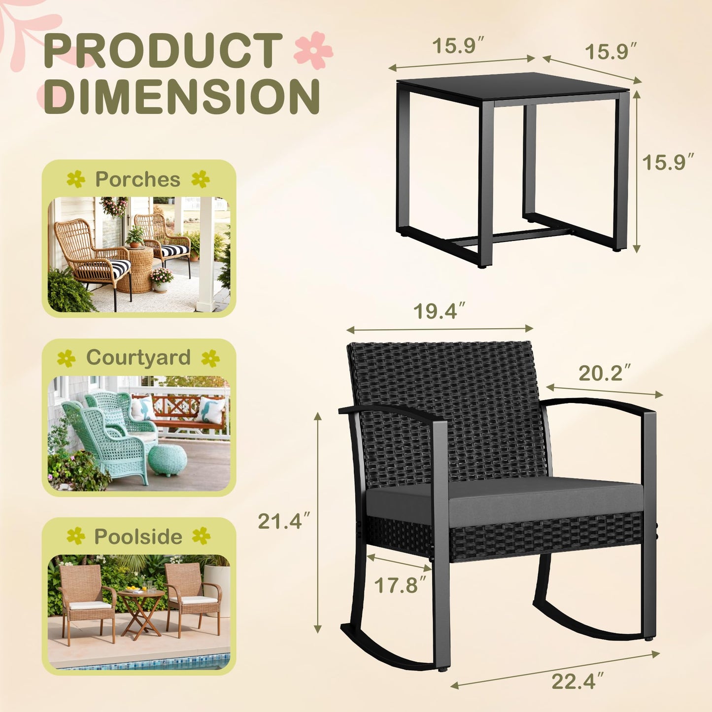 Greesum 3 Piece Patio Furniture Set, All-Weather Imitation Rattan Conversation Set, Outdoor Rocking Chair Bistro Set with Glass Top Coffee Table for Pool, Deck, Porch, Garden or Balcony, Grey