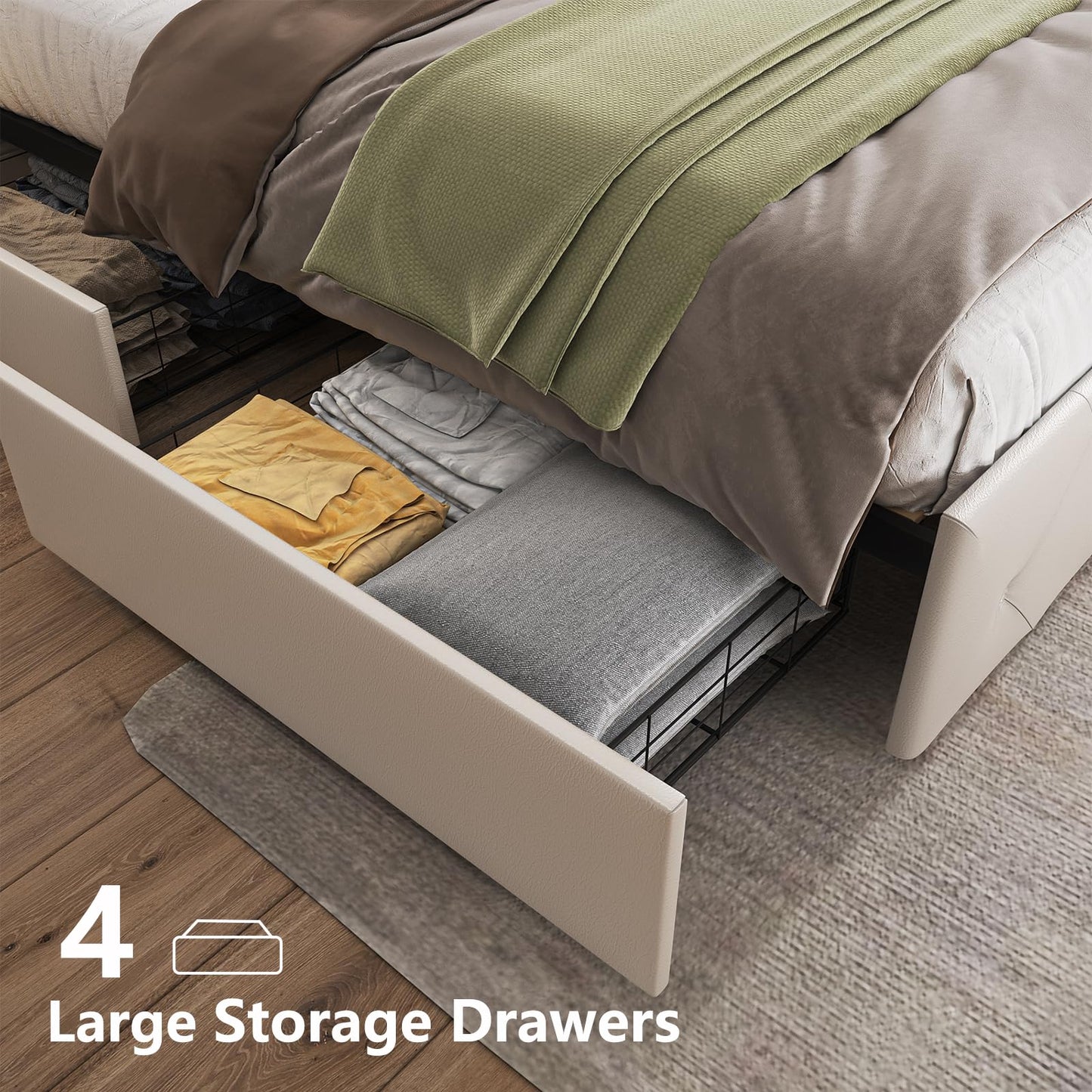 Benevika Full Size Bed Frame with 4 Drawers and LED Light, Charge Station, PU Leather Upholstered Platform Storage Bed with Adjustable Headboard, Wooden Slats Support, No Box Spring Needed, White