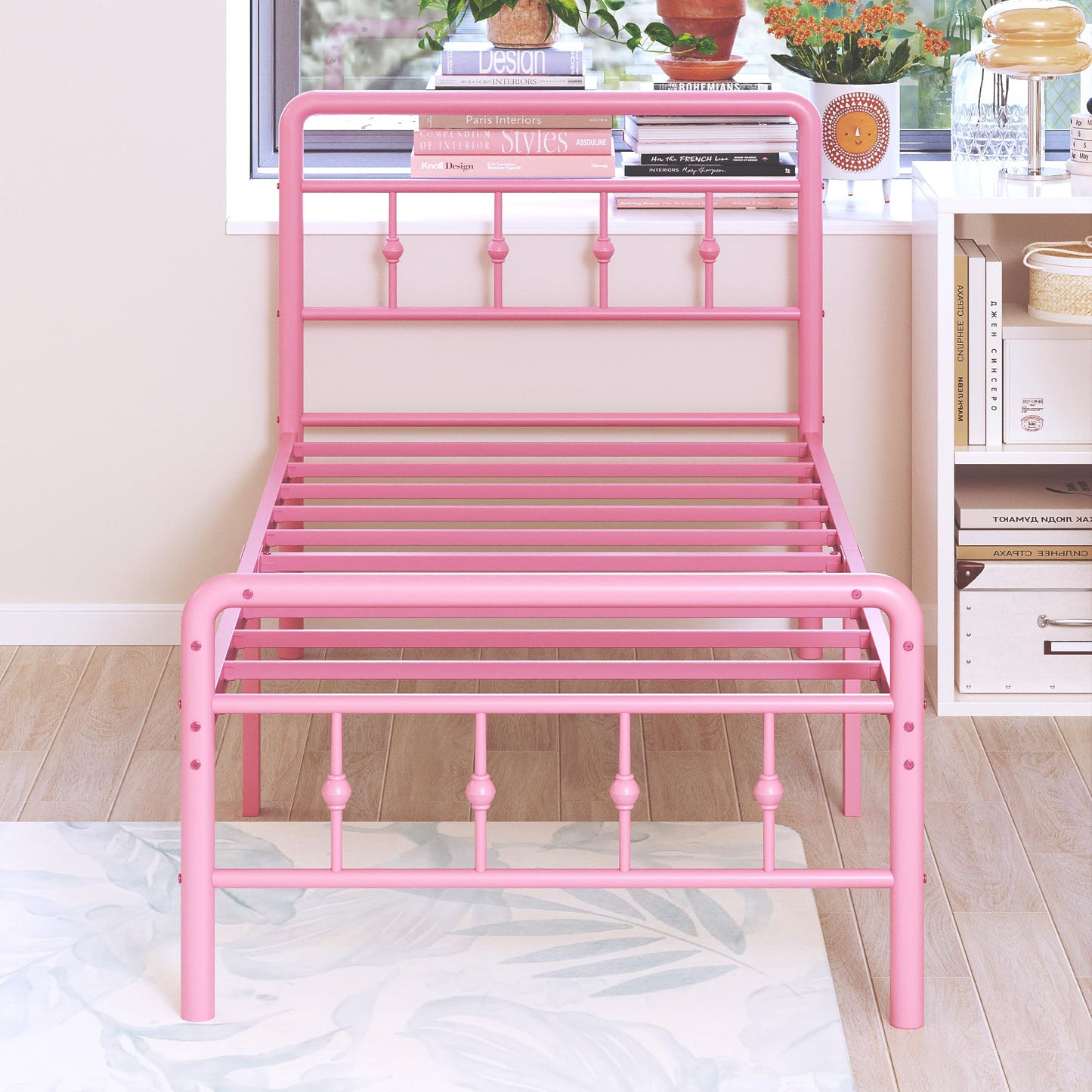 DiaOutro Classic Metal Platform Pink Twin Bed Frames with Headboard and Footboard, 16 Inch No Box Spring Needed Heavy Duty Victorian Style Iron-Art Mattress Foundation/Under Bed Storage