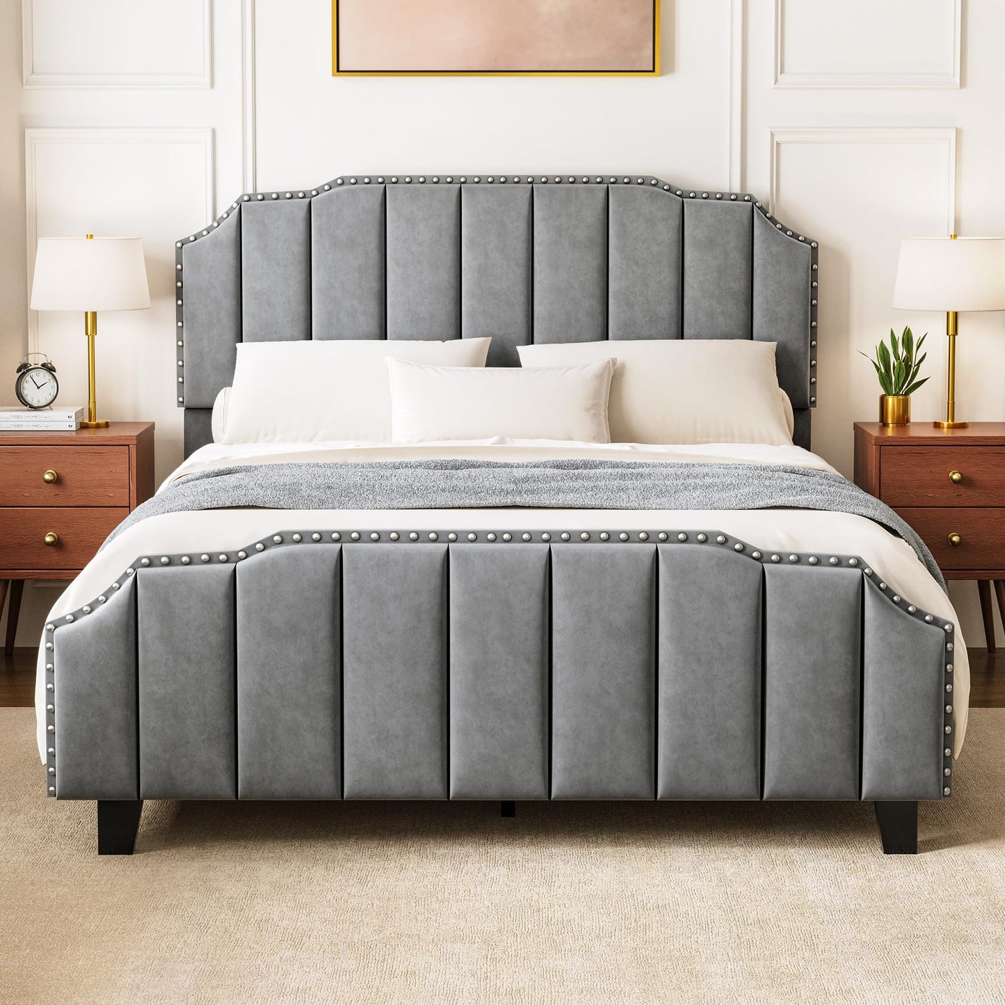 RIHHA Grey Queen Size Upholstered Platform Bed Frame with 46.8'' Tall Vertical Channel Tufted Headboard, Wooden Slats, Noise-Free, No Box Spring Needed, Easy Setup