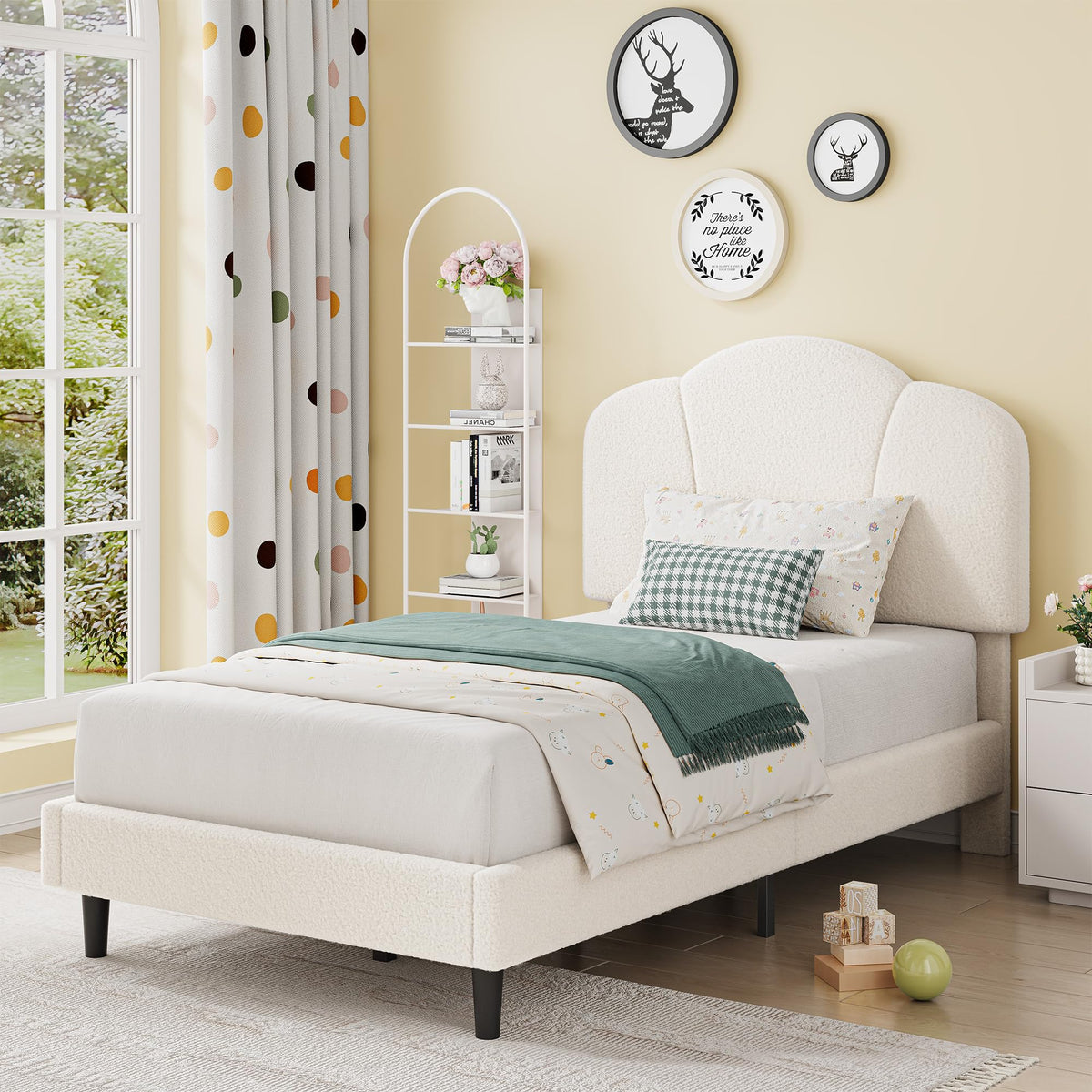 LIKIMIO Twin Size Bed Frame, Upholstered Twin Platform Bed with Headboard Lamb Velvet Twin Beds, No Box Spring Needed with 800LBS Sturdy Wooden Slats Support, Noise Free, Easy Assembly, White
