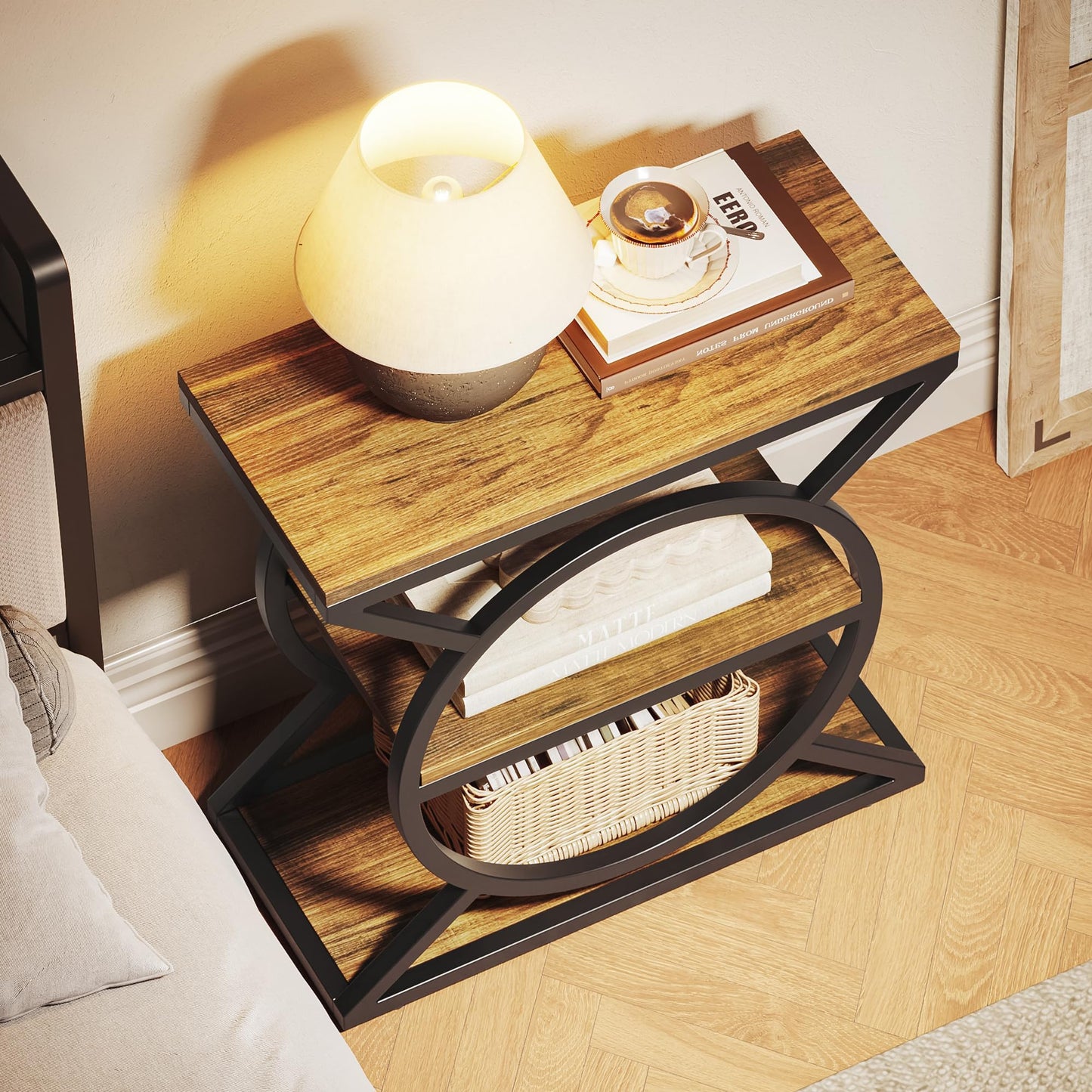 LIKEMET End Table, 3-Tier Small Table with Storage, Narrow Sofa Side Table with Geometric Metal Frame, Industrial Nightstand for Living Room, Bedroom, Rustic Brown and Black
