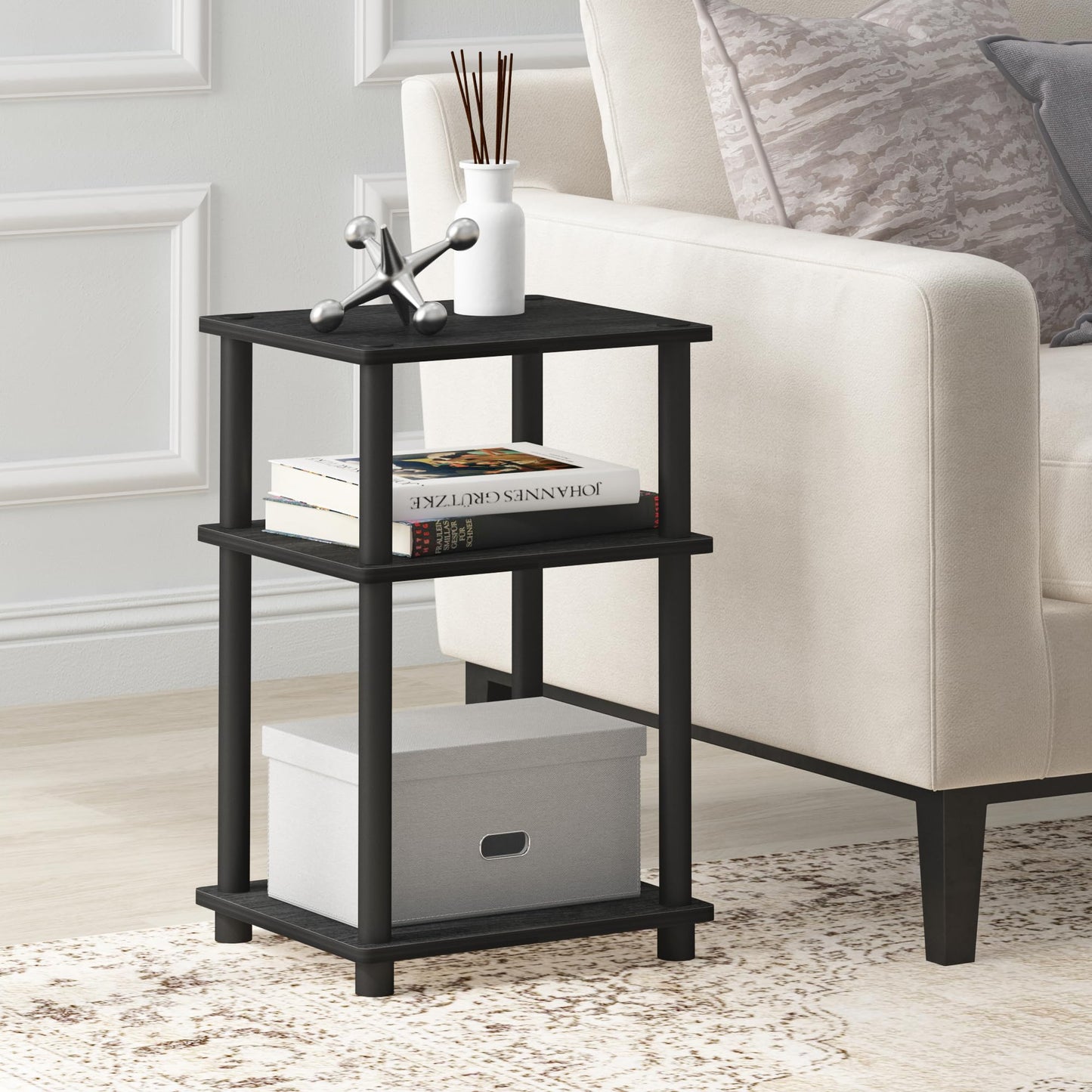 Furinno Just 3-Tier Turn-N-Tube End Table / Side Table / Night Stand / Bedside Table with Plastic Poles, 2-Pack, Americano/Black
