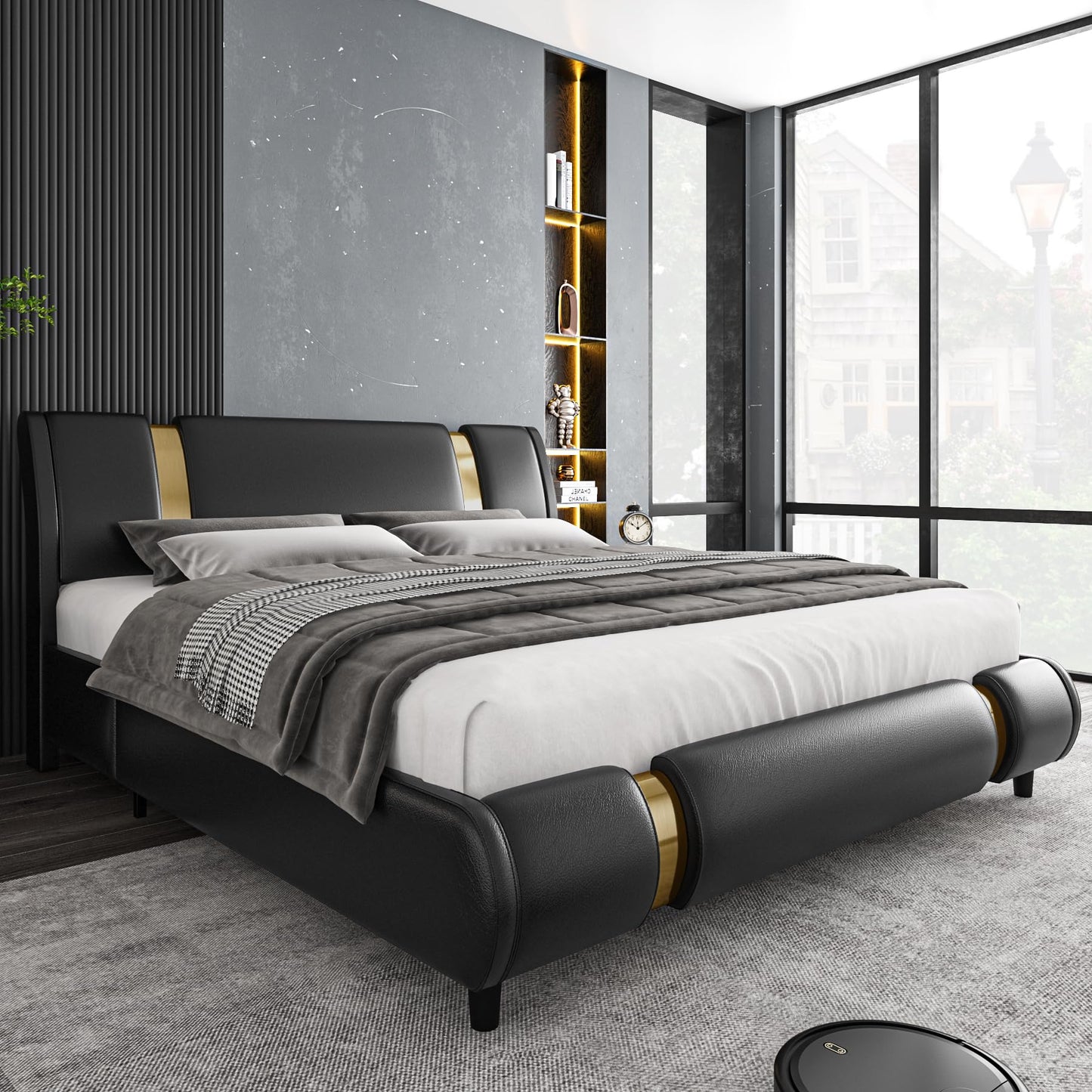 TTVIEW Modern Faux Leather Upholstered Platform Bed Frame with Golden Iron Metal Decor, Adjustable Curved Headboard, Wooden Slats Support, No Box Spring Needed, Queen Size, Black
