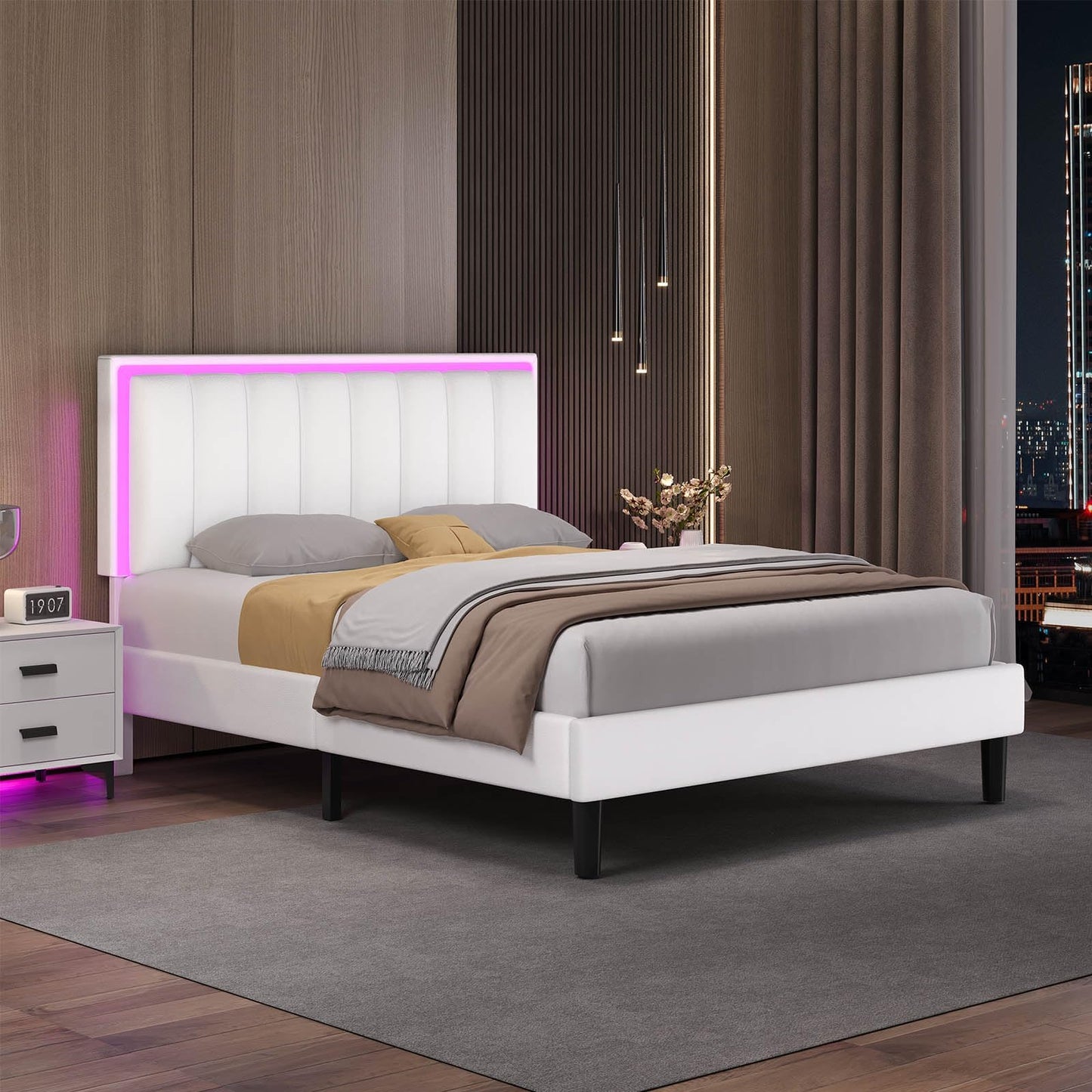 IMMERSTABLE Queen Bed Frame, Bed Frame Queen Size with LED Lights, Upholstered Queen Bed Frames with Headboard, Heavy Duty Wood Slats Support, Noise-Free, No Box Spring Needed, Easy Assembly, White