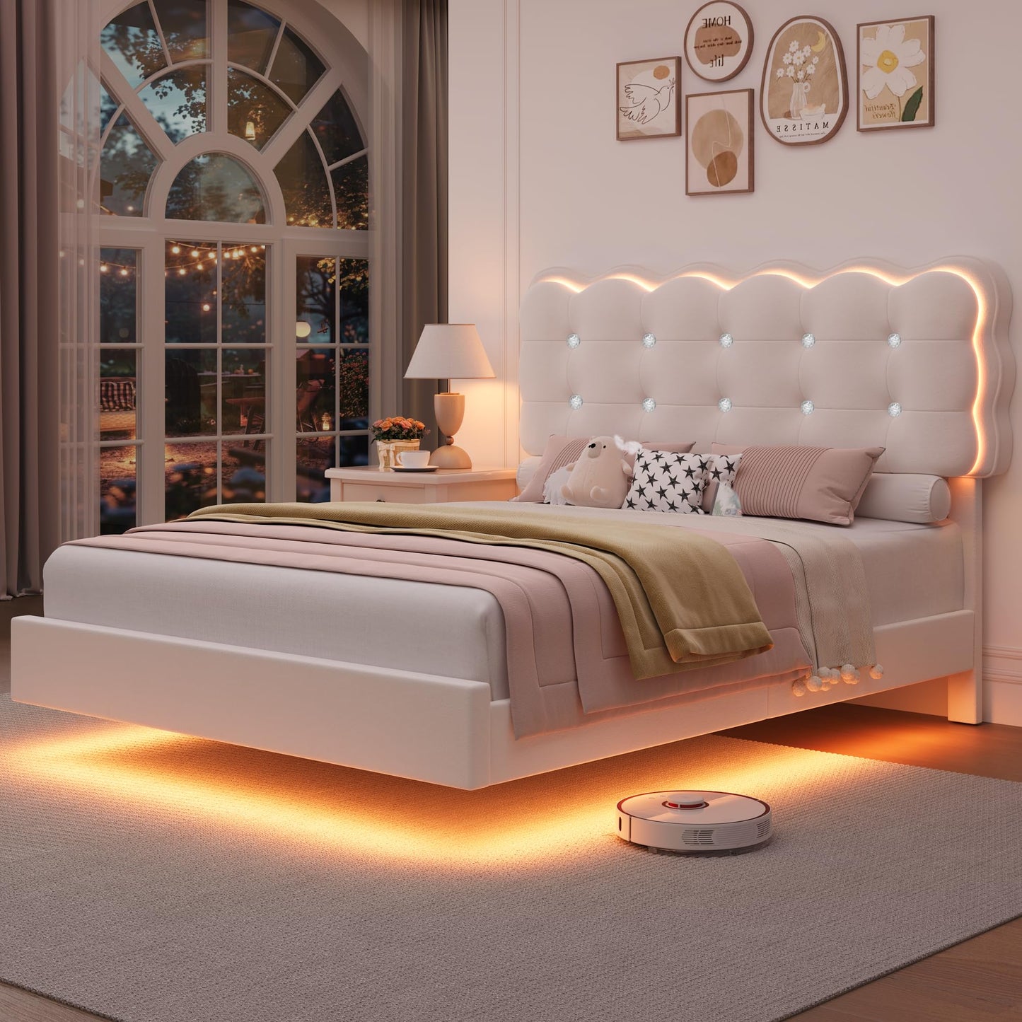 HIFIT Upholstered Full Size LED Bed Frame with Charging Station and Adjustable Crystal Button-Tufted Puffs Headboard, Velvet Princess Floating Platform Bed Frames for Girls, No Box Spring Needed,Beige