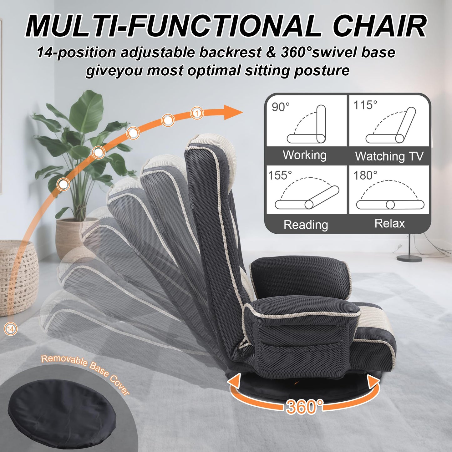 DeeLyan Swivel Floor Chairs for Adults, Floor Gaming Chair with Extra Wide Arms, Back Support 14 Angles Adjustable Comfortable Double Mesh Fabric Lazy Sofa for Video Game Chairs 201 (Grey + Beige)