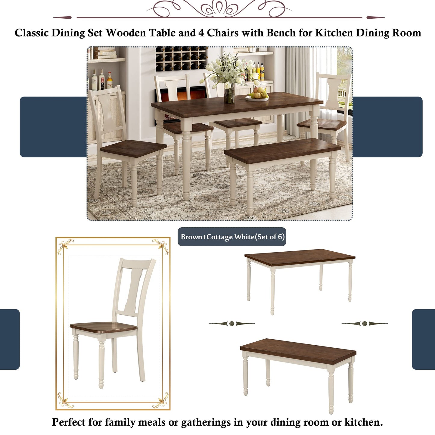 LUMISOL 60" Dining Table Set with Bench Includes Rectangular Dining Table, 4 Chairs & Bench, Farmhouse Style, Brown+Cottage White