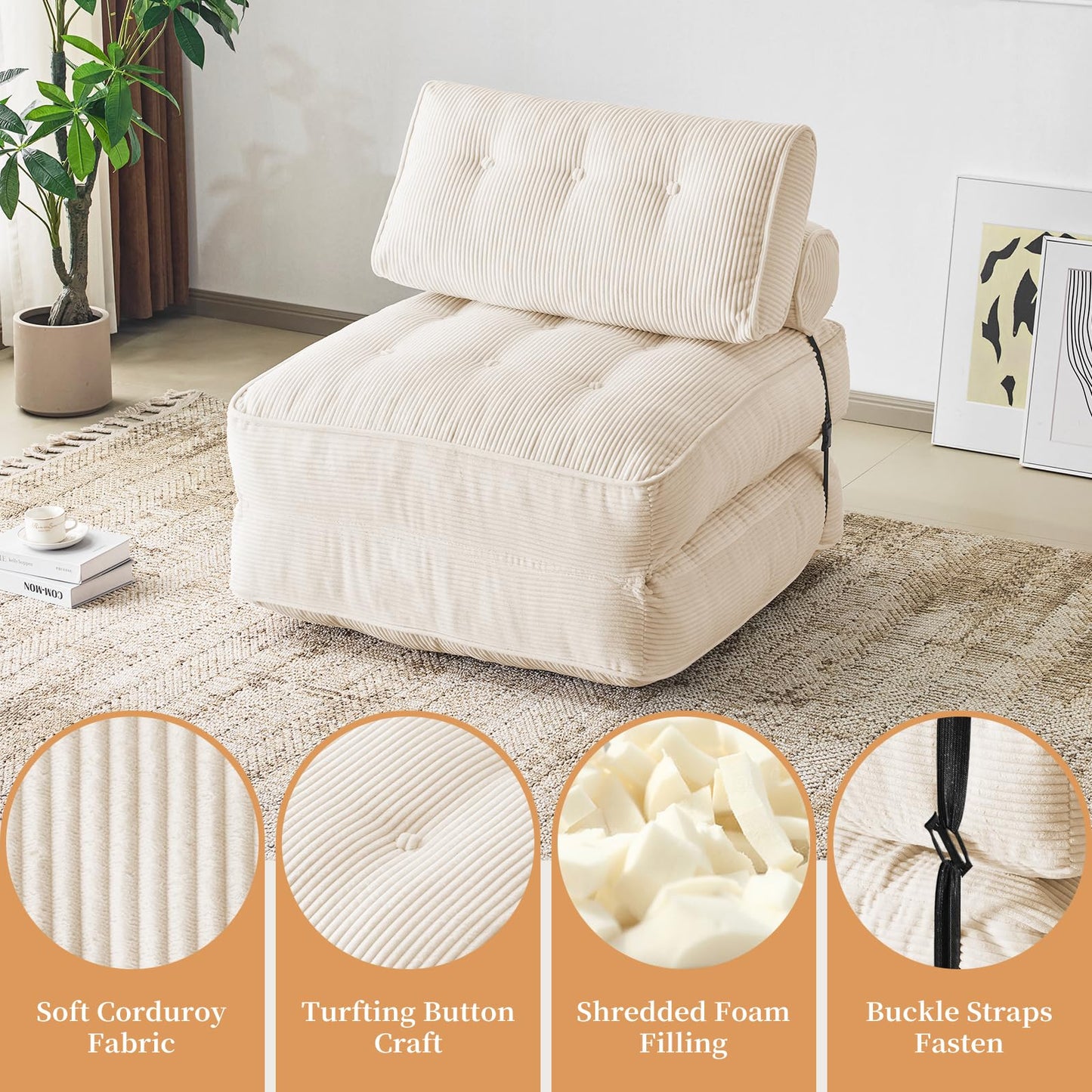 Furnimart Twin Size Folding Sofa Bed, 3 in 1 Convertible Sleeper Chair, Modern Single Sofa Lounge Chair, Small Pull Out Sleep Bed, Floor Futon Couch for Living Room, Corduroy Beige