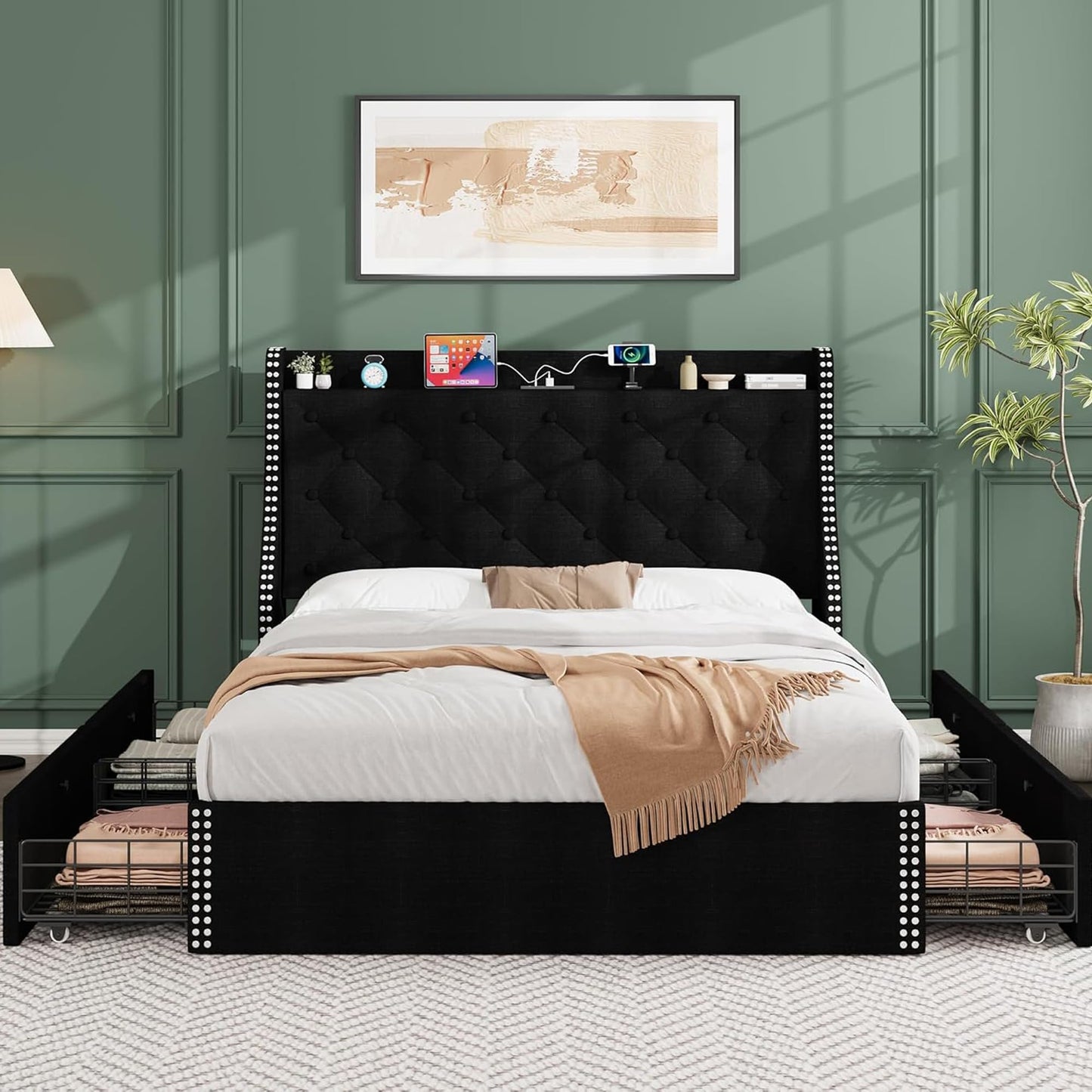 Reljofum Upholstered Queen Bed Frame with 4 Storage Drawers，Wingback Headboard with Charging Station, Diamond Stitched Button Tufted Design, No Box Spring Needed, Black
