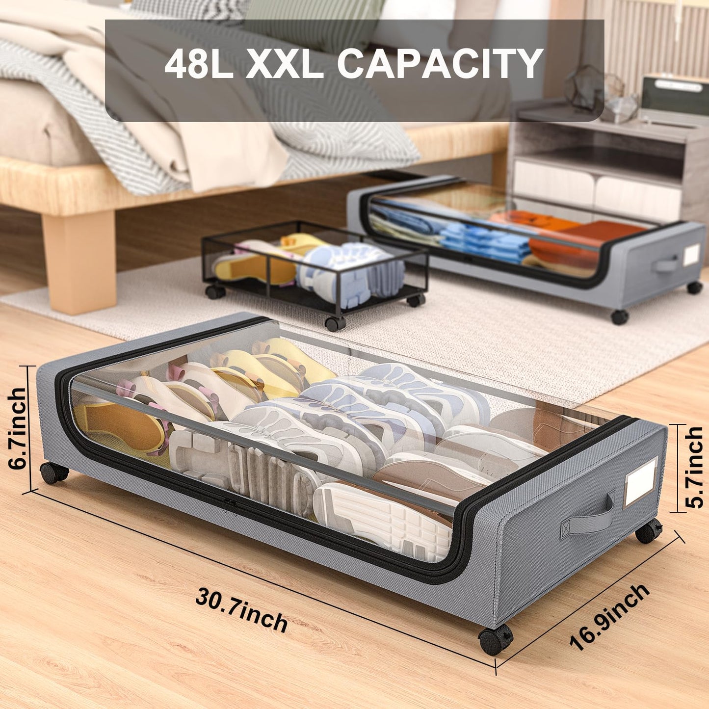 GoMaihe Under Bed Storage with Wheels: XXL Underbed Storage Containers with Lids - Rolling Bins for Shoes Clothes in Dorm Bedroom - Metal Drawers Easy Pull-out Grey 2-Pack