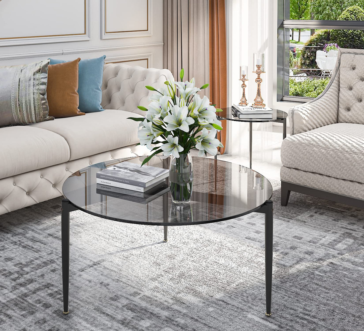 Artloge Round Tempered Glass Table: 31.5 inch Large Circle Top Storage Shelf with Metal Frame, Modern Coffee Table Center Desk Luxury Furniture for Living Room, Grey