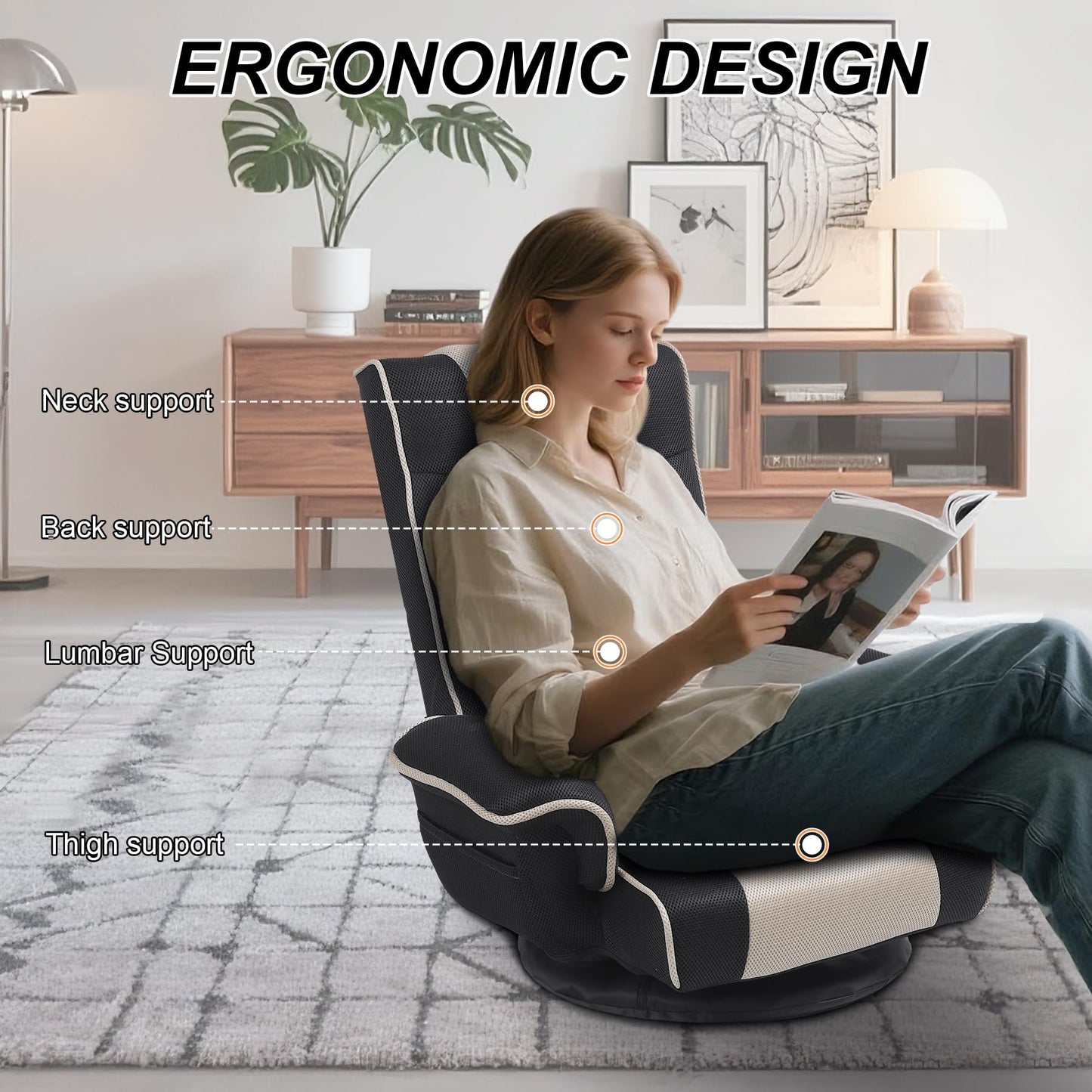 DeeLyan Swivel Floor Chairs for Adults, Floor Gaming Chair with Extra Wide Arms, Back Support 14 Angles Adjustable Comfortable Double Mesh Fabric Lazy Sofa for Video Game Chairs 201 (Grey + Beige)