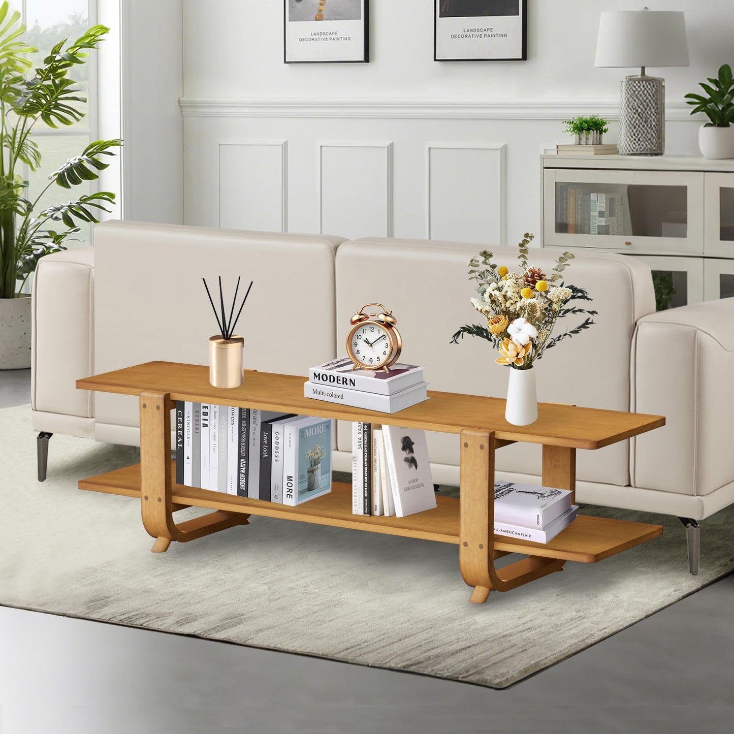 Mordchil HF Bamboo TV Stand for TVs up to 65", Accent Entertainment Center with Storage, Media Console Table with Shelf, Modern TV Stand for Living Room, Bedroom, 55"(L), Walnut
